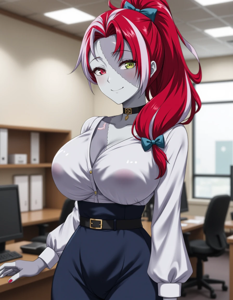 <lora:isekaisallie-flux:1>, <lora:real-lora:1> ultrarealistic 3/4 body photo of isekaisallie standing in an office, She is smiling. The character has a light skin tone and long wavy red hair with white highlights styled in a ponytail. She has a prominent curvy figure with huge breasts. She has patchwork pale and grey skin with stitches and one red and green eye and one yellow eye. Her hair is tied into a ponytail. she's wearing a white blouse that is unbuttoned partially showing a blue bra underneath, and a dark blue pencil skirt