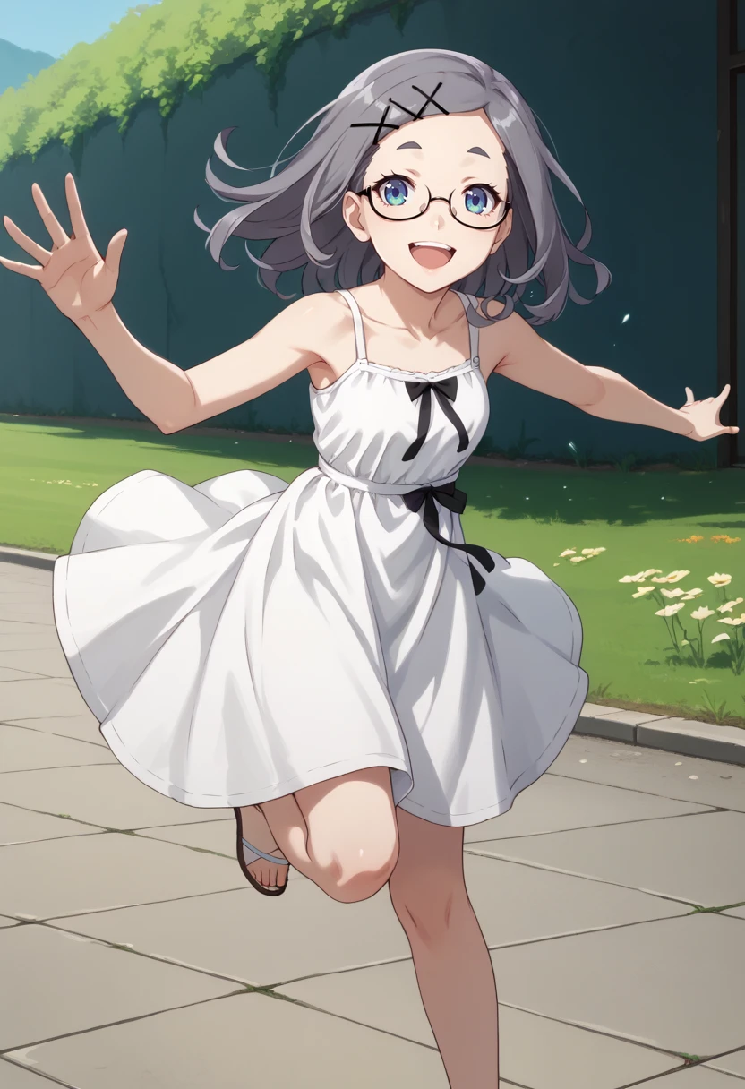 score_9, score_8_up,
1girl, <lora:MenikoHamukai_OffSeason_PDXL:0.8>, menikohamukai, grey hair, blue eyes,
semi-rimless eyewear, x hair ornament,
sundress, spinning, happy