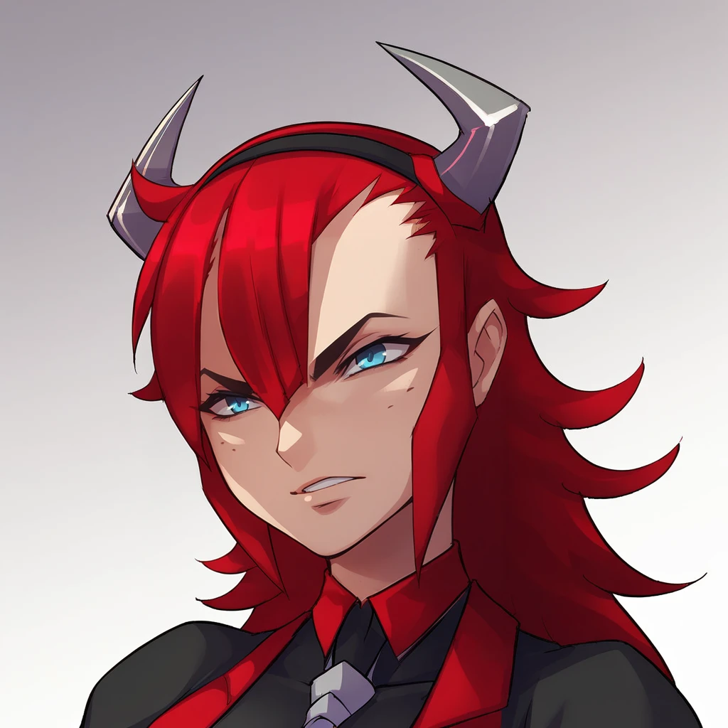 score_9_up, score_8_up, BREAK, Cliffjumper, 1girl, solo, red hair, long hair, blue eyes, horns, hairband, school uniform, necktie, upper body,  <lora:CLIFFJUMPER_RYUSEI-R_PXL_Leaf1:1>, gradient background,