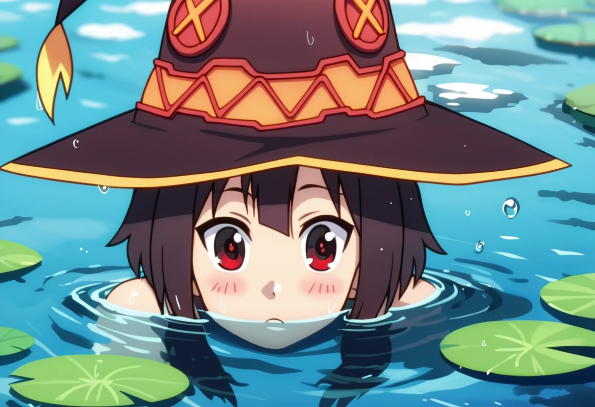 score_9, score_8_up, score_7_up, BREAK, BREAK source_anime,
solo,1girl,face focus,water,anime style,wet hair,blue water,observing,calm expression,curious gaze,silent encounter,
head_out_of_water,head sticking out of water,peeking out of water,face above water, 
megumin,hat,witch hat,short hair,short hair with long lock
<lora:head_out_of_water_pony_xl:0.7>  <lora:Megumin_-_Kono_Subarashii_Sekai_ni_Shukufuku_wo:0.7>