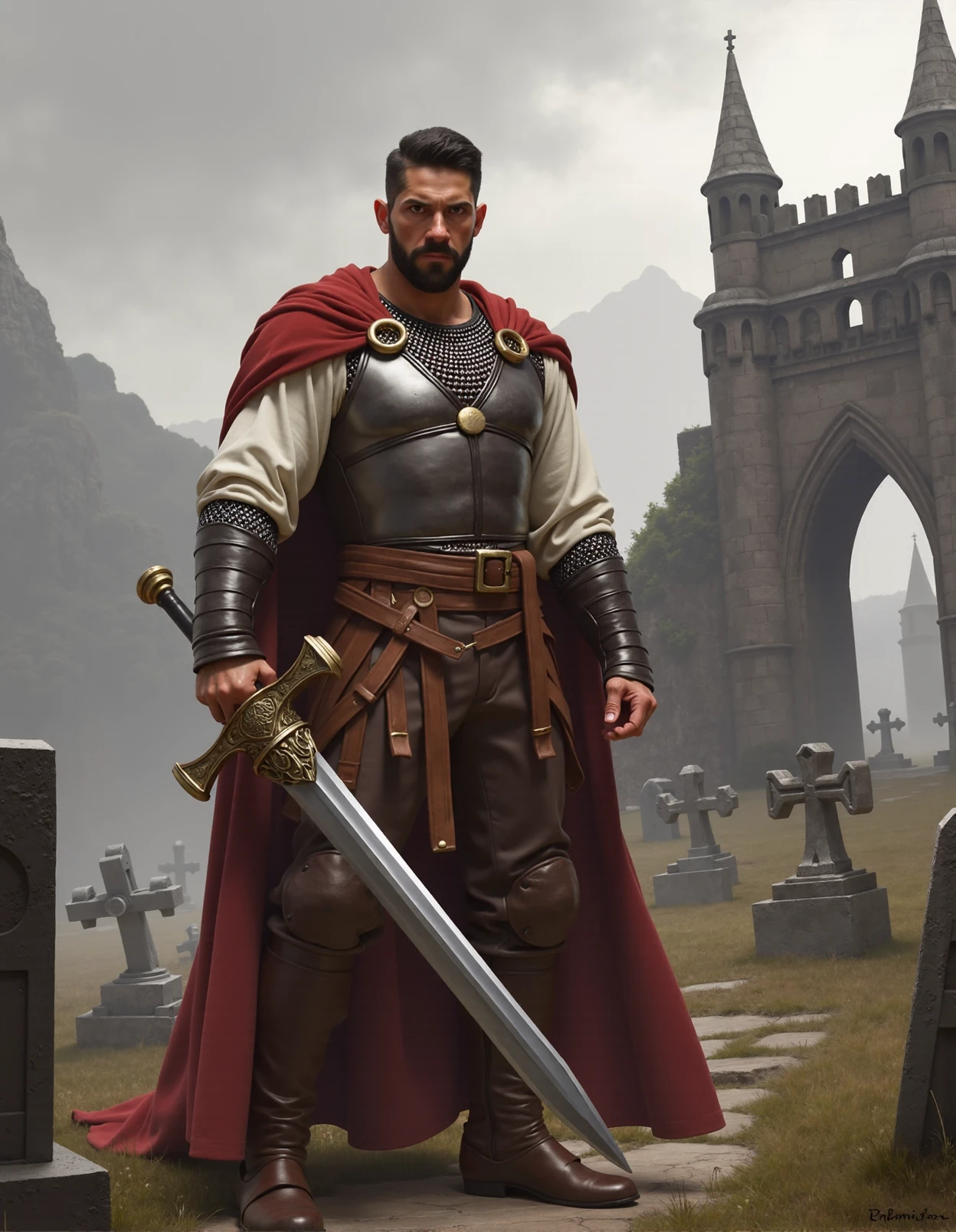 a digital painting featuring a fierce, warrior-like scottadk man in a medieval fantasy setting. He stands confidently in the foreground.  His expression is determined, with his eyes focused ahead. He is dressed in a combination of armor and leather, with a metallic breastplate over a white tunic and brown leather pants. He wears a chainmail shirt and a red cape draped over her shoulders, adding a touch of color to the otherwise dark and muted tones of the scene.
In his right hand, he holds a large, ornate sword with a silver hilt and a sharp, gleaming blade.  The background features an ancient, crumbling stone castle with tall, pointed turrets and arched windows, set against a misty, mountainous landscape. The sky is overcast, adding to the somber and atmospheric feel of the scene. Surrounding the castle are scattered tombstones and gravestones, indicating a cemetery or ancient battleground. The overall style of the painting is highly detailed and realistic, with a focus on texture and depth to create a vivid and immersive fantasy world.  <lora:scott_8_16_140_COS:1>