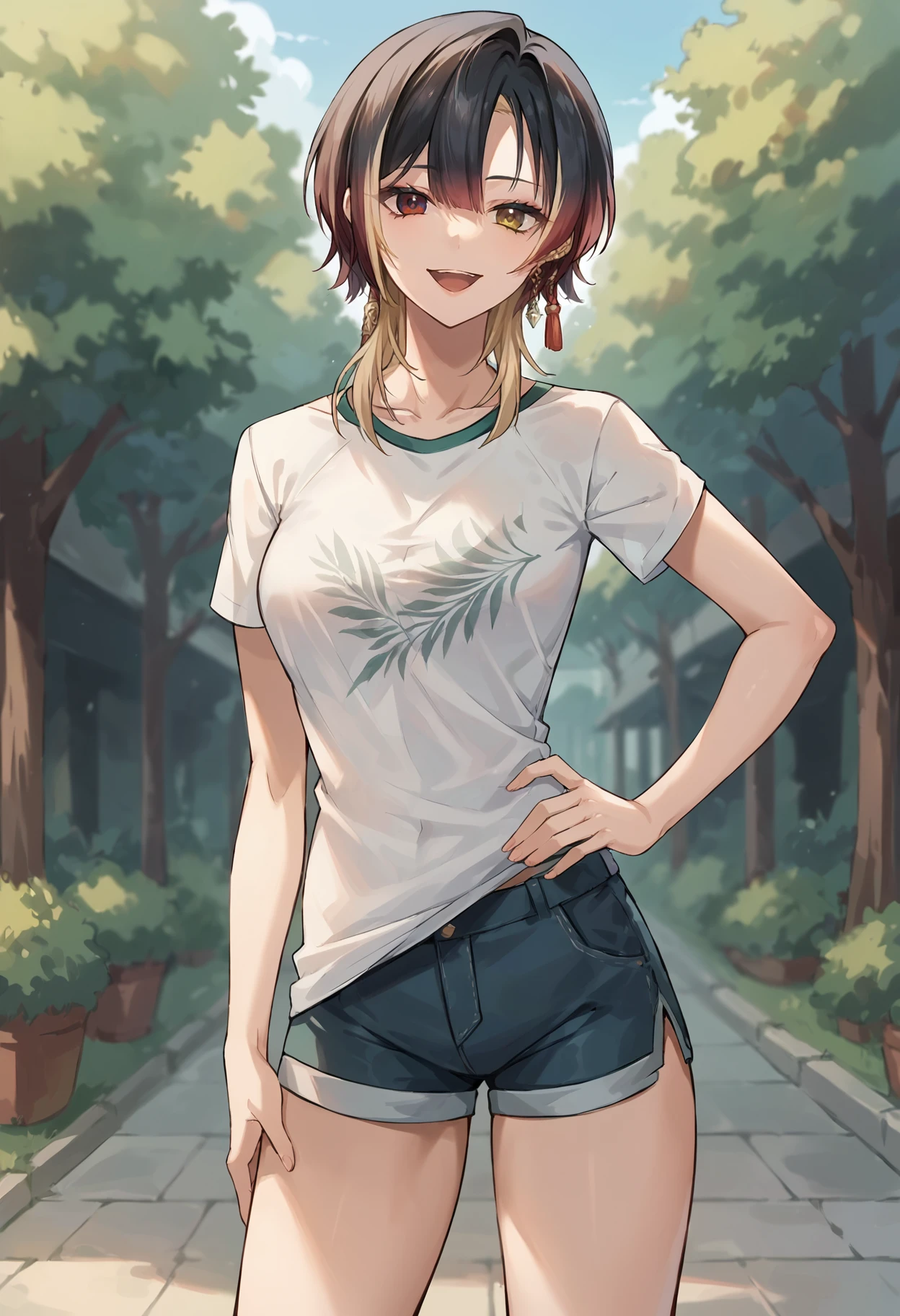 score_9, score_8_up, score_7_up, BREAK
1girl, standing, hand on hip, looking at viewer, open mouth, smile, outdoors
<lora:KannagiLokiXL-8-2000:1>
kannagiloki, heterochromia
t-shirt, shorts