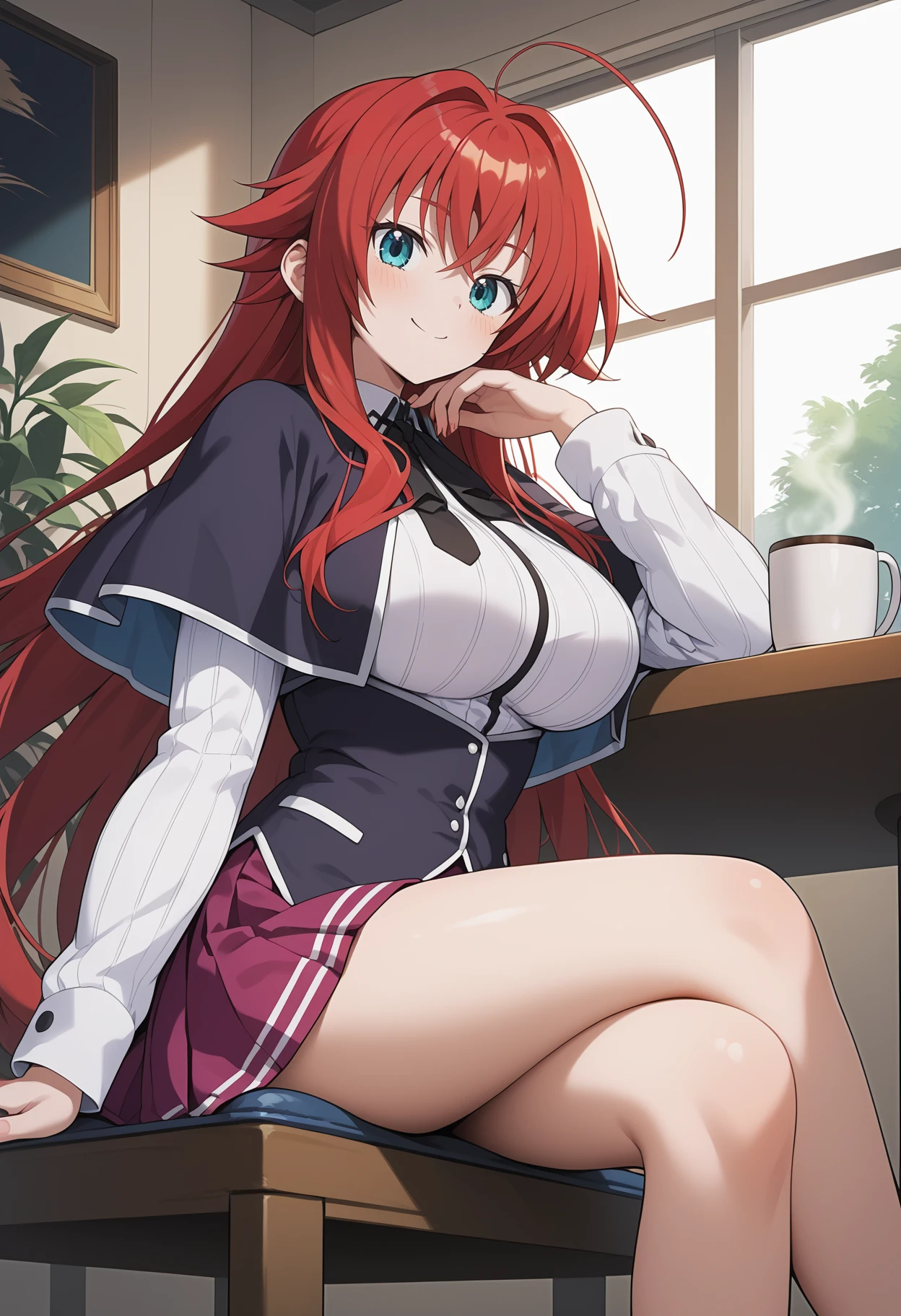 score_9, score_8_up, score_7_up, score_6_up, score_5_up, score_4_up, source_anime, aarias, long hair, red hair, ahoge, blue eyes, large breasts, school uniform, black capelet, neck ribbon, white shirt, long sleeves, underbust, miniskirt, purple skirt, <lora:rias_gremory_ponyxl_v1:0.9>, sitting, table, coffee, indoors, crossed legs, smile,