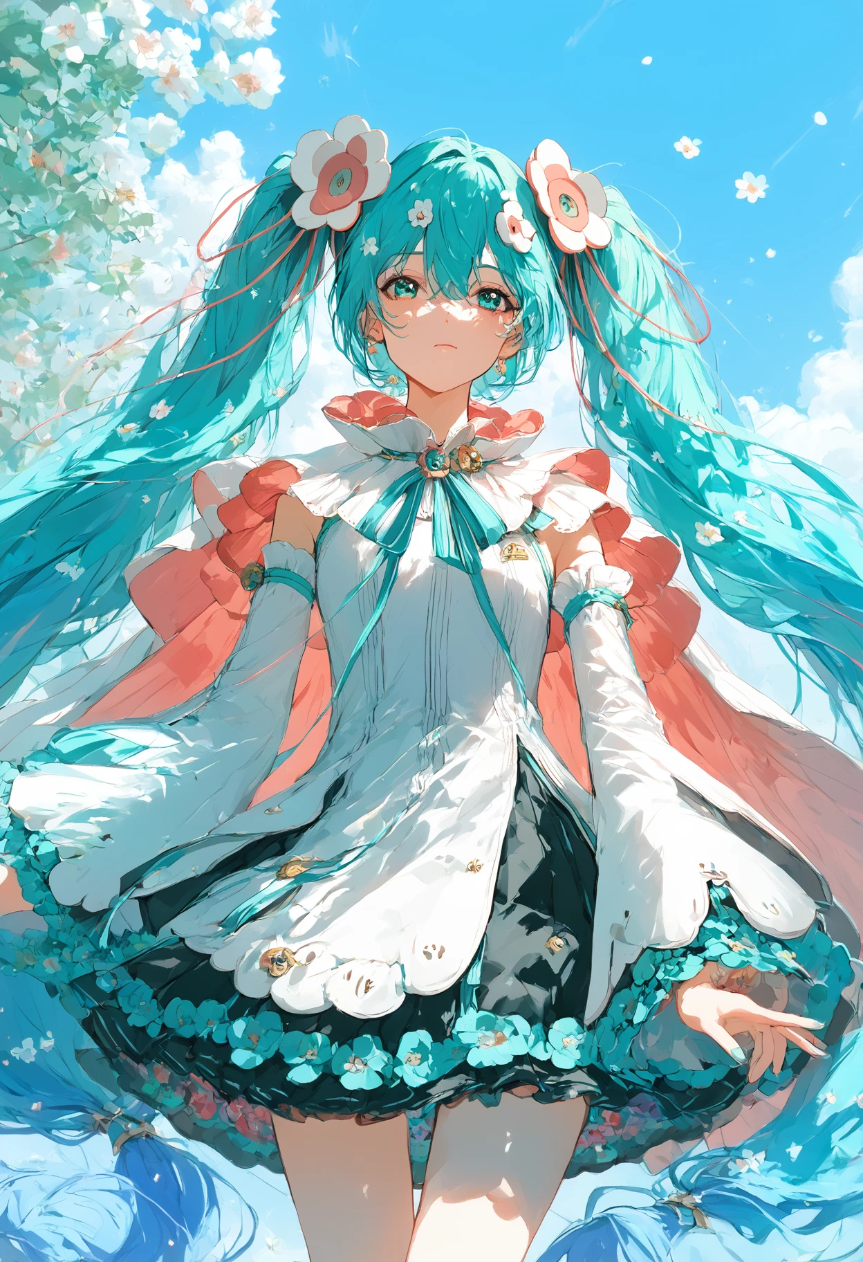 score_9,score_8_up,score_7_up,,source_anime BREAK, 1girl, solo,, MHM21, hatsune miku, hair ornament, flower, twintails, magical mirai miku, long hair, detached sleeves, aqua hair, very long hair,  wide sleeves, medallion, white sleeves, aqua ribbon, aqua eyes, cape, hair between eyes, flowers under dress,  s1_dram, from below, blue sky<lora:ãã¸ã«ã«ãã©ã¤2021:1>,<lora:S1_Dramatic_Lighting_v2:0.8>