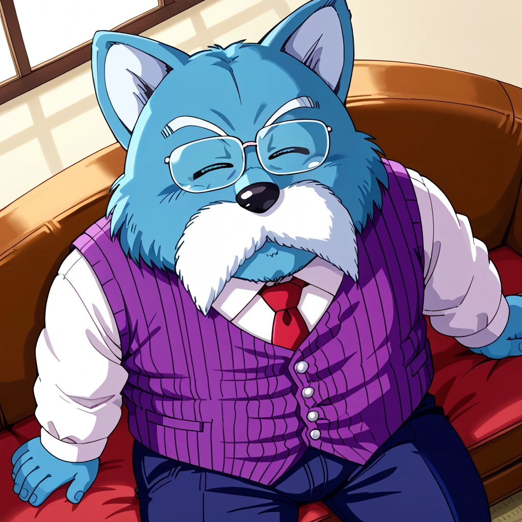 1boy, solo, anthropomorphic dog, male, blue fur, large white mustache, pointed ears, chubby body, fat, black dot eyes, dot eyes view, wide body, broad shoulders, thick arms, wide face, black nose, narrow eyes, large glasses, rectangular shaped glasses, Purple striped vest, Long-sleeved white shirt, Red tie, Navy blue wide leg pants, black shoes, 4k, masterpiece, best quality, detailed background, Sitting on an elegant leather sofa, looking to the side with a playful smile, dim lighting and luxurious decoration. close up, upper body, perfect angle, looking up, from above, perfect pose, smile, happy, closed eyes