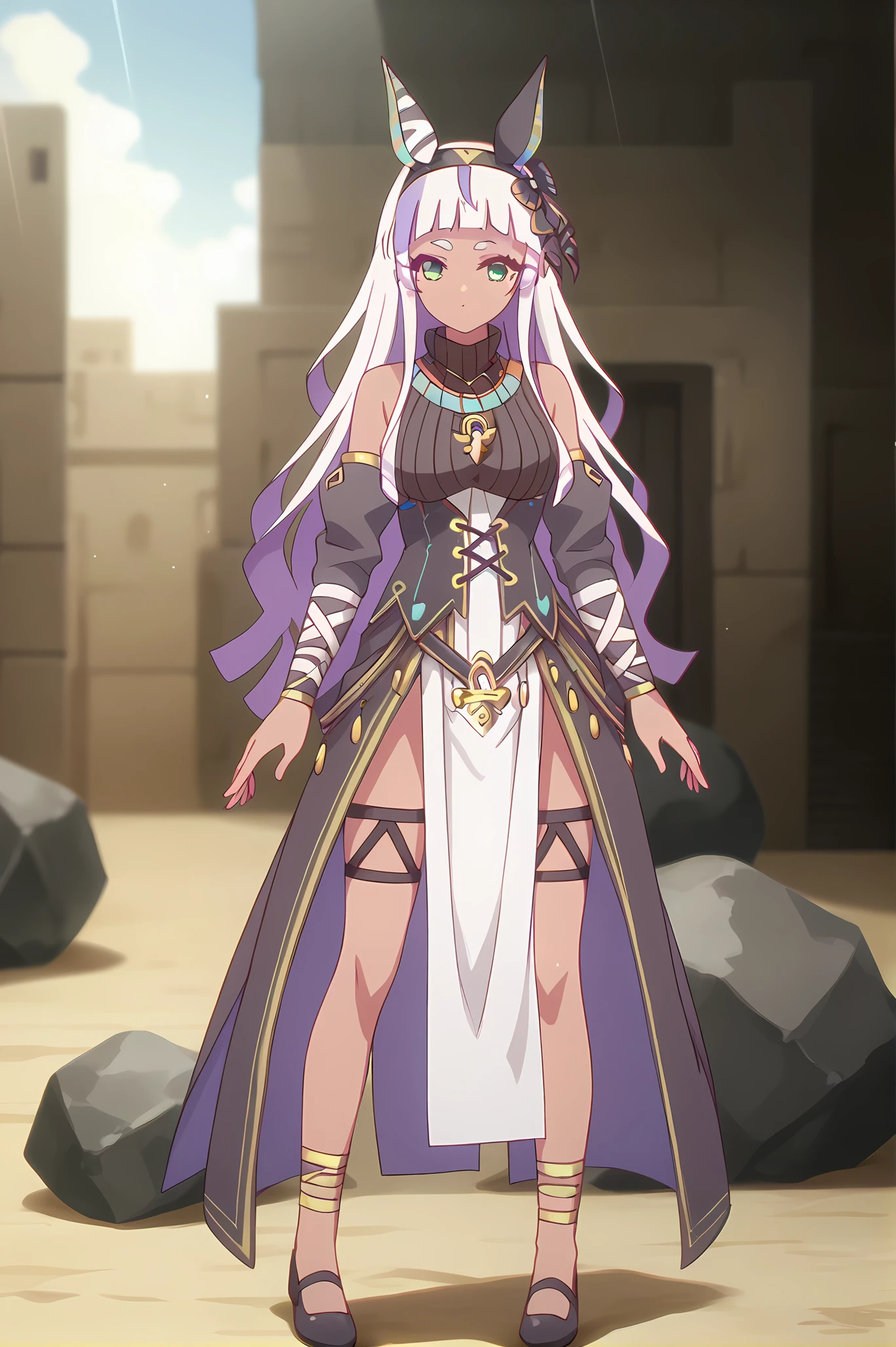 (egyptian clothes detached sleeves pelvic curtain:1.20), gg-anubis, necklace, hairband, white hair, multicolored hair, long hair, dark skin, jackal ears, green eyes, medium breasts, 1girl, solo, skinny, score_9, score_8_up, score_8, score_7_up, score_7, score_6_up, score_6, score_5_up, score_5, source_anime, lewd, night sky outdoors, (full body:1.20), (:1.20), feet, <lora:gg-anubis-V01-000005:0.80>