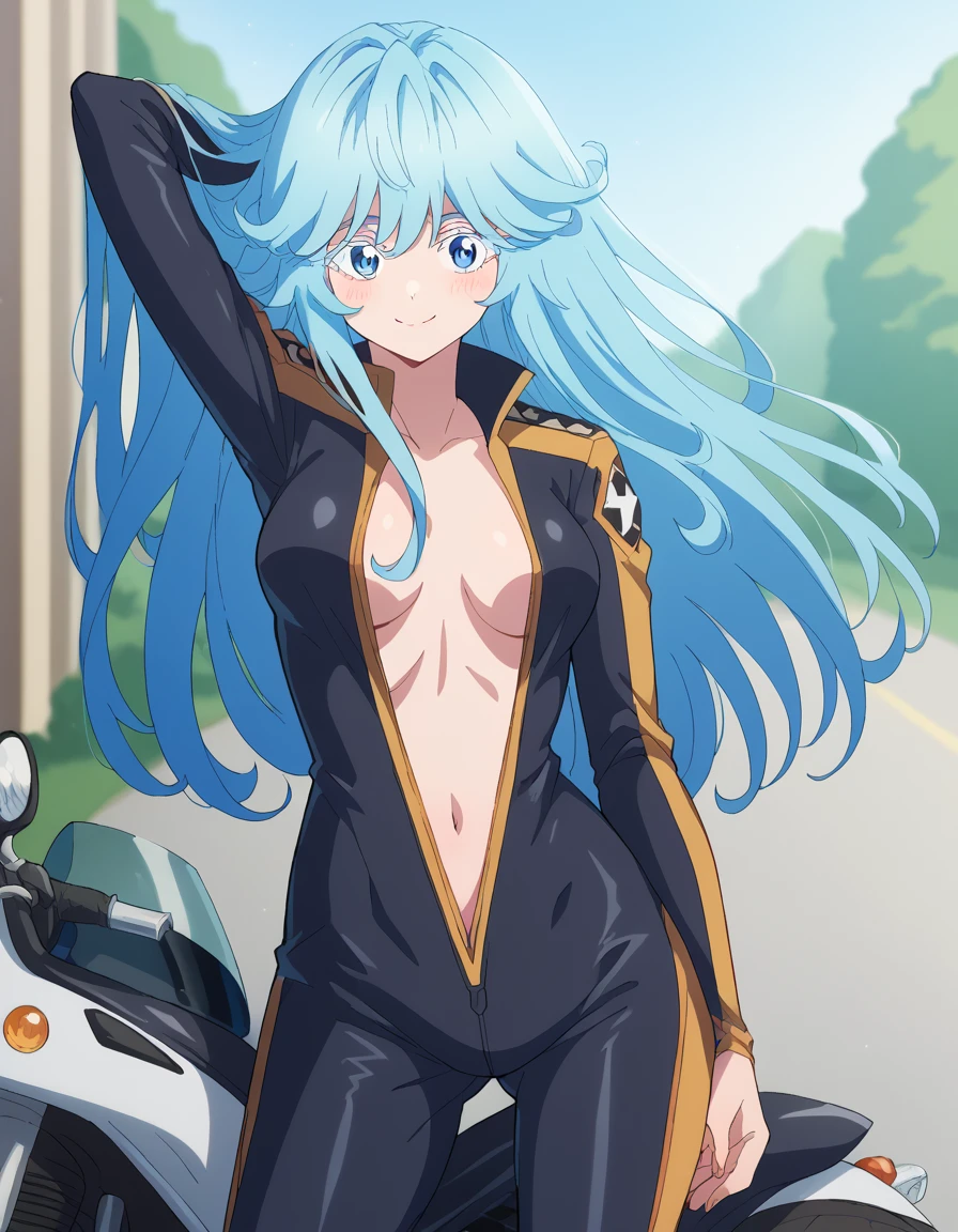 score_9, score_8_up, score_7_up, source_anime, <lora:elfaria-albis-serfort-s1-ponyxl-lora-nochekaiser:1>, elfaria albis serfort, long hair, blue hair, blue eyes, colored eyelashes, sidelocks, medium breasts,, <lora:biker-clothes-ponyxl-lora-nochekaiser:1>, biker clothes, bikesuit, bodysuit, cleavage, no bra, center opening, helmet, motorcycle, midriff, navel,, outdoors, street, smile, blush, hand behind head,, , cowboy shot, dutch angle