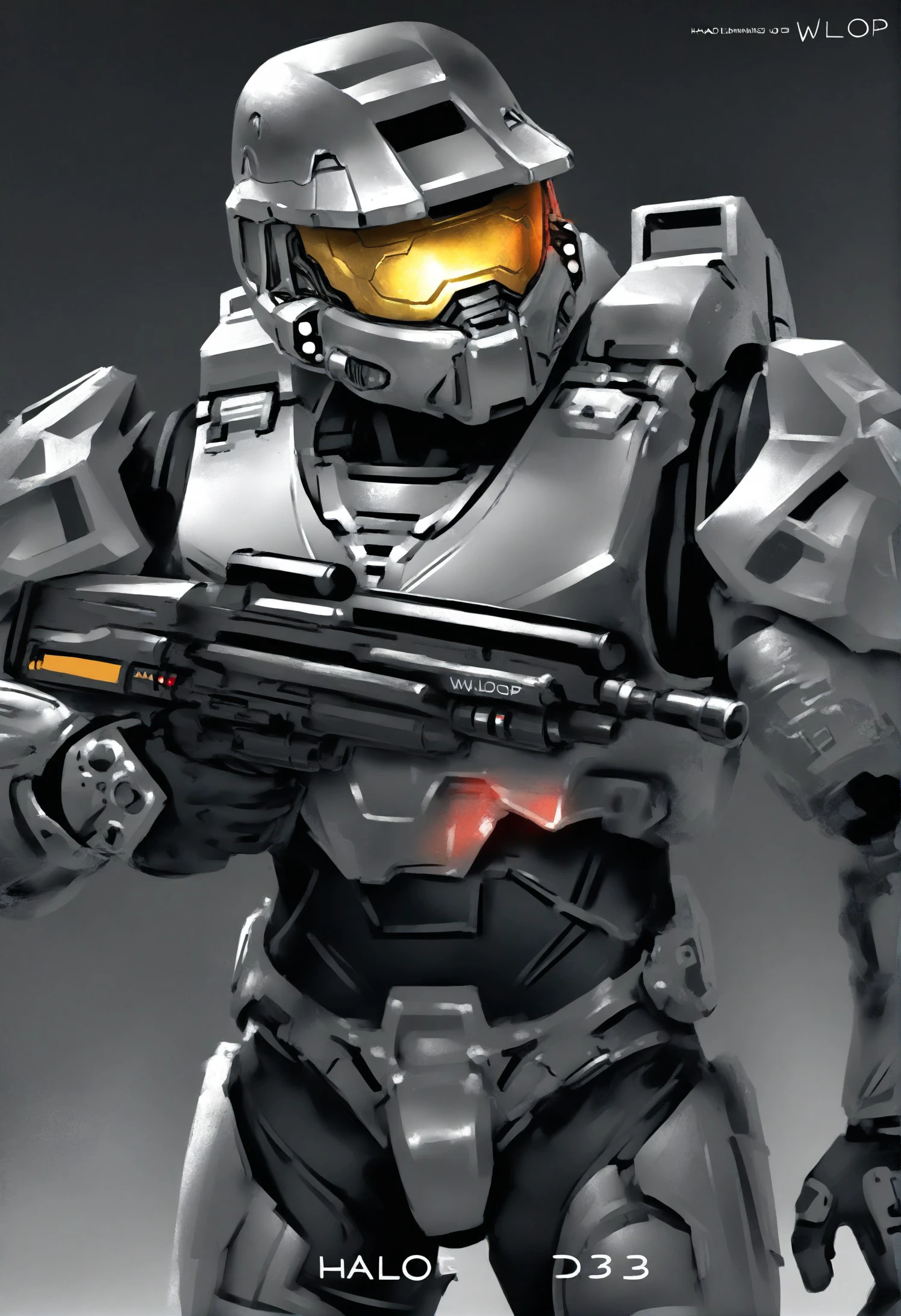 1boy, male focus, master chief, halo 3, 
wlop, jj rabbid, 
realistic, armor, assault visor, black background, gun, holding, holding gun, holding weapon, looking ahead, m90, power armor, shotgun, solo, spartan, (halo:1.1), spot color, upper body, weapon, glowing, series indicator, arm at side, greyscale, science fiction, submachine gun, shotgun shell, spartan \(halo\), rifle, monochrome, logo, artist name, arm cannon, assault rifle, muted color, helmet, copyright name,
An illustration of Master Chief from the video game Halo 3. He is wearing a full suit of power armor and holding an MP4 submachine gun in his hand. His face is not visible as he has short blonde hair and blue eyes. The character is standing against a black background and looking forward. The image also contains text 'Halo 3' at the bottom.
masterpiece, best quality, absurdres, commentary, english commentary, highres
 <lora:Master_Chief_IllustriousXL-000050:1>