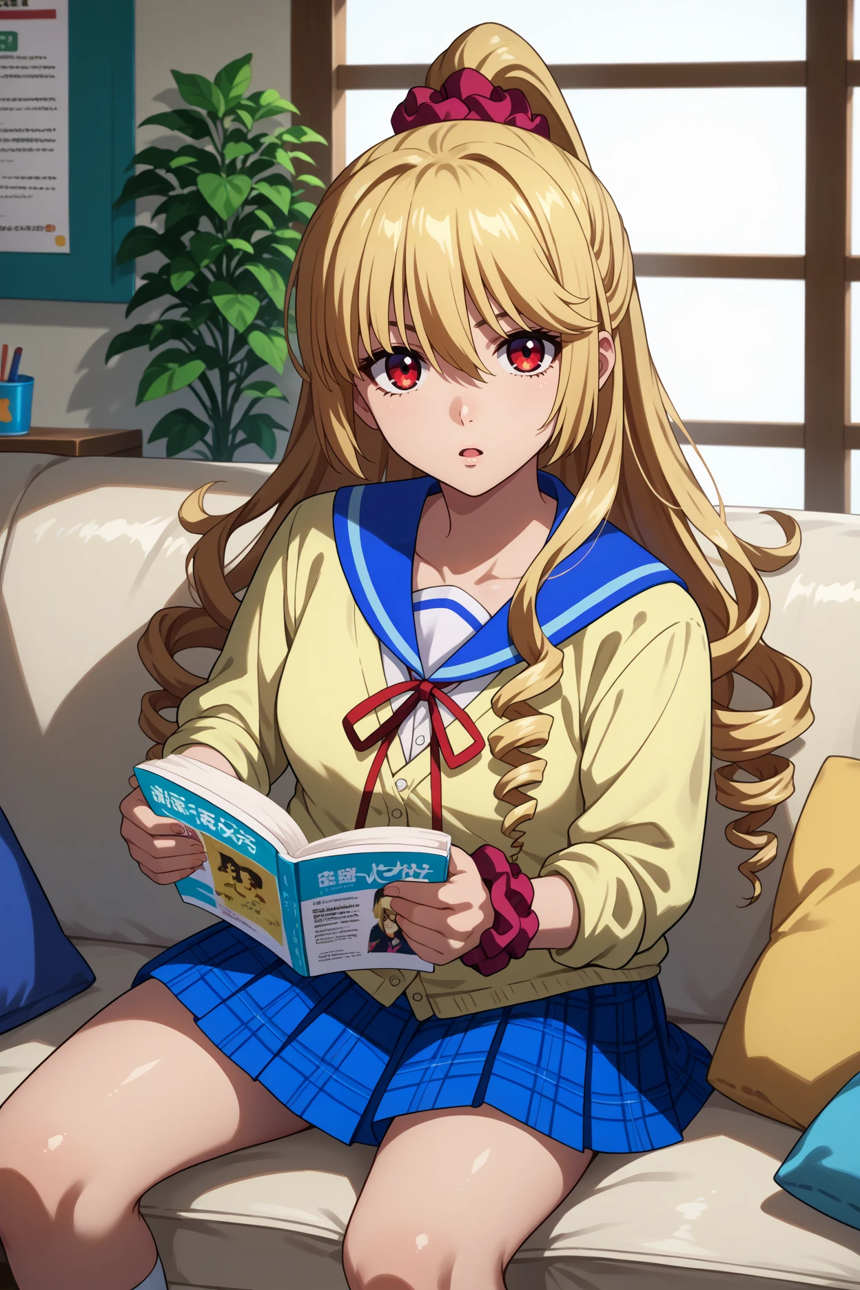 score_9, score_8_up, score_7_up, score_6_up, source_anime, 1girl, solo, <lora:aibaasagi-pdxl-nvwls-v1-000005:1> aibastb, blonde hair, long hair, drill hair, high ponytail, red eyes, hair scrunchie, yellow cardigan, blue sailor collar, red ribbon, neck ribbon, sleeves rolled up, blue skirt, pleated skirt, plaid skirt, wrist scrunchie, breasts, sitting, couch, indoors, reading magazine, looking at you, chestnut mouth