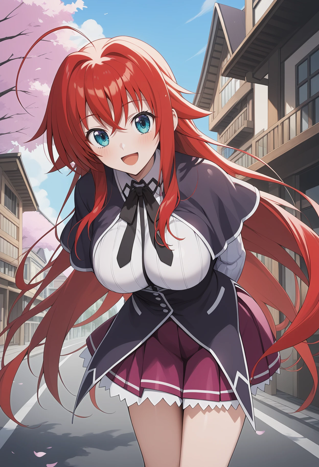 score_9, score_8_up, score_7_up, score_6_up, score_5_up, score_4_up, source_anime, aarias, long hair, red hair, ahoge, blue eyes, large breasts, school uniform, black capelet, neck ribbon, white shirt, long sleeves, underbust, miniskirt, purple skirt, <lora:rias_gremory_ponyxl_v1:0.9>, arms behind back, leaning forward, standing, outdoors, open mouth, cherry blossoms, smile, town, road,