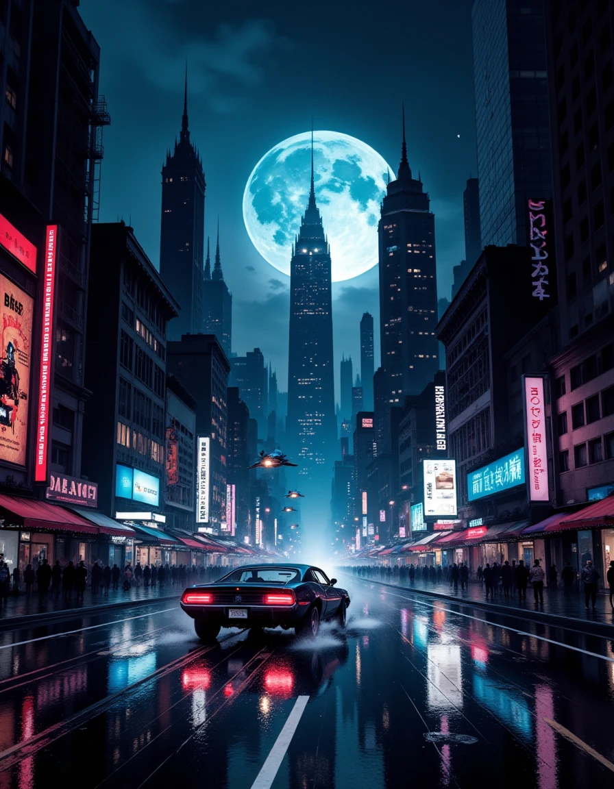 A neon-lit, futuristic cityscape, an ink-drawn car speeding through a rain-soaked street. The towering skyscrapers glow with vibrant advertisements, while distant flying cars streak across the sky. Best quality rendering of reflections on wet surfaces, with bright lights creating a dramatic contrast against the dark alleyways. The sky has a digital cloud pattern, with a large full moon casting a faint blue glow. High-resolution detail captures the gritty atmosphere of the cyberpunk environment, filled with sleek, metallic structures and the hum of technology, 1980s, bladerunner.
<lora:mrcenterfordInkStyle-FLUX-V0.1:1>