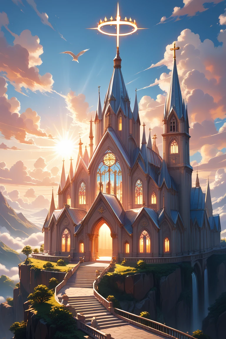 score_9, score_8_up, score_7_up, source_anime, rating_safe, day, natural lighting, white bird, dove, fantasy-church structure focus, Dachurch, Dachurch_cross, Dachurch_tower, no humans, halo, god ray, sunbeam, heavenly, intricately detailed illustration, lens flare, white theme