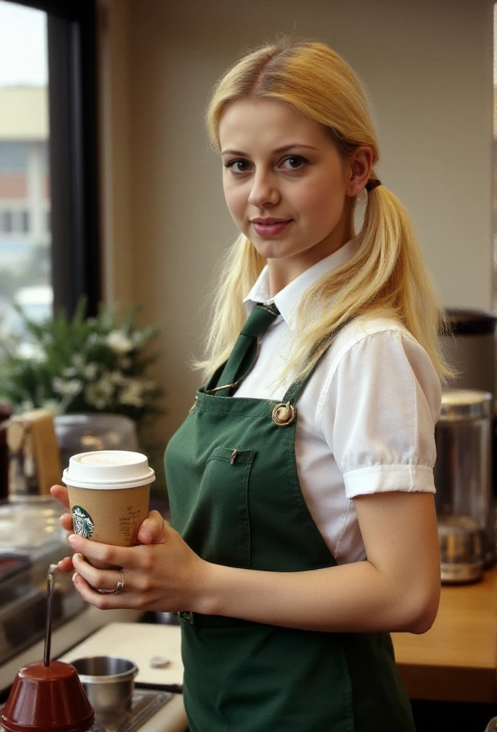 Katerina Konec is a twintail woman. She is working in a starbuck. She wears a starbuck uniform and serves coffee  <lora:Katerina_Konec:0.9>