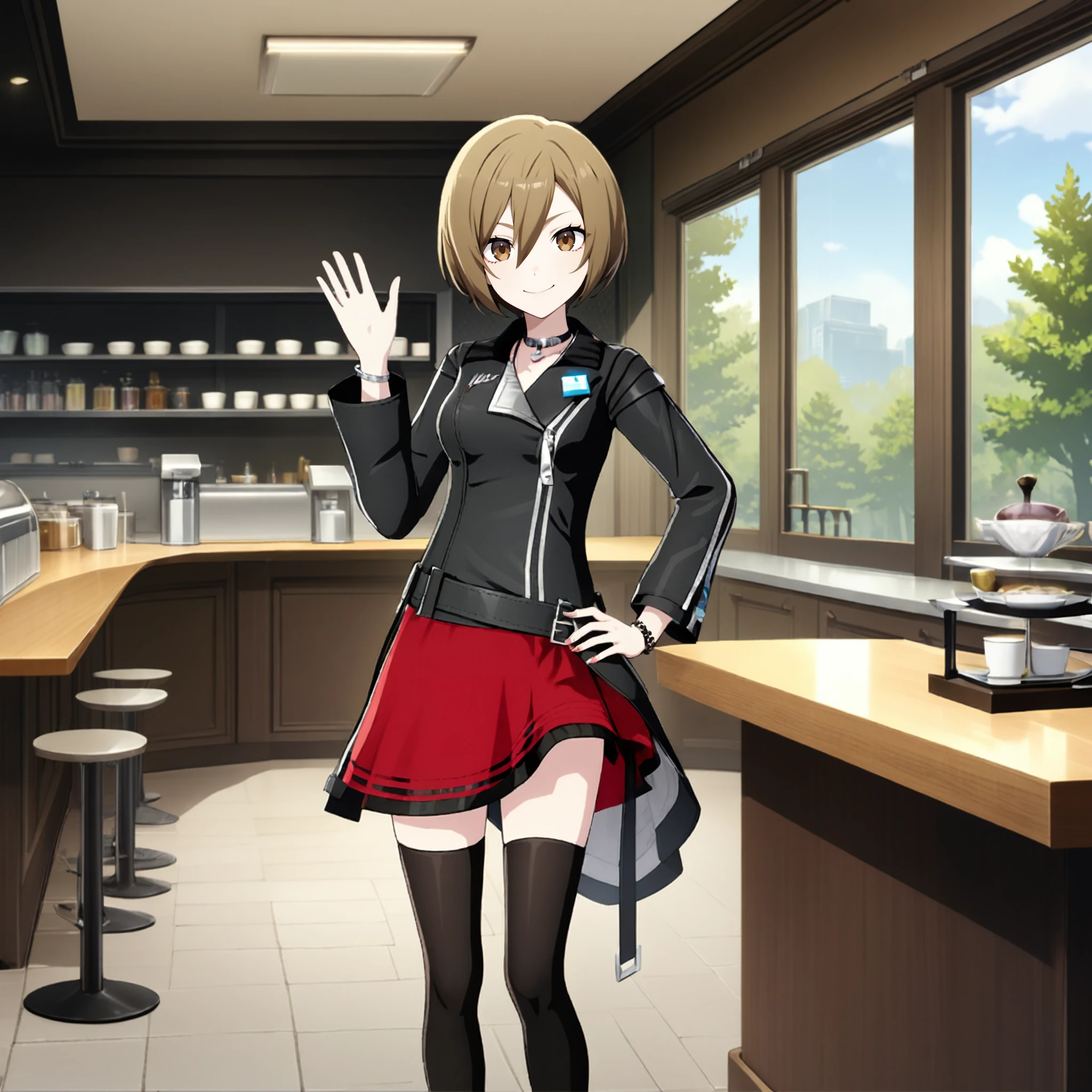 1girl, meiko \(vocaloid\), vocaloid, masterpiece, very aesthetic, absurdres, official art,
brandnew meiko, solo, brown shot hair, brown eyes, smiling, closed mouth,
(looking at viewer:1.4), hands on hip, waving, BREAK
black thighhighs, red skirt, jewelry, black coat, zipper, belt, necklace, bracelet, black jacket, zettai ryouiki, 
in cafeteria, cups and saucers, bar counter, large window, trees, table, chair,
 <lora:sdxl-vs-BNMeiko05:0.9:lbw=0,0,0.2,0.2,0,0.4,0.4,0,0.8,0.8,0,0,0,0.8,0.8,0.6,0.8,0.0,0.0,0.0,0,0,0,0,0,0>