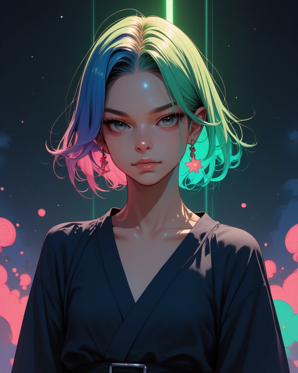 (score_9,score_8_up,score_7_up,score_6_up), 1girl, acid-colored hair, <lora:NeoNiNijiColorSteell-10:0.8> color contrast, niji style, niji, sharp lighting, neon color palette, high contrast, surrealistic glow, vector art influence, anime-influenced art style, sleek, focus on geometry, sharp lighting, stylized expression, digital painting, cosmic color:steell