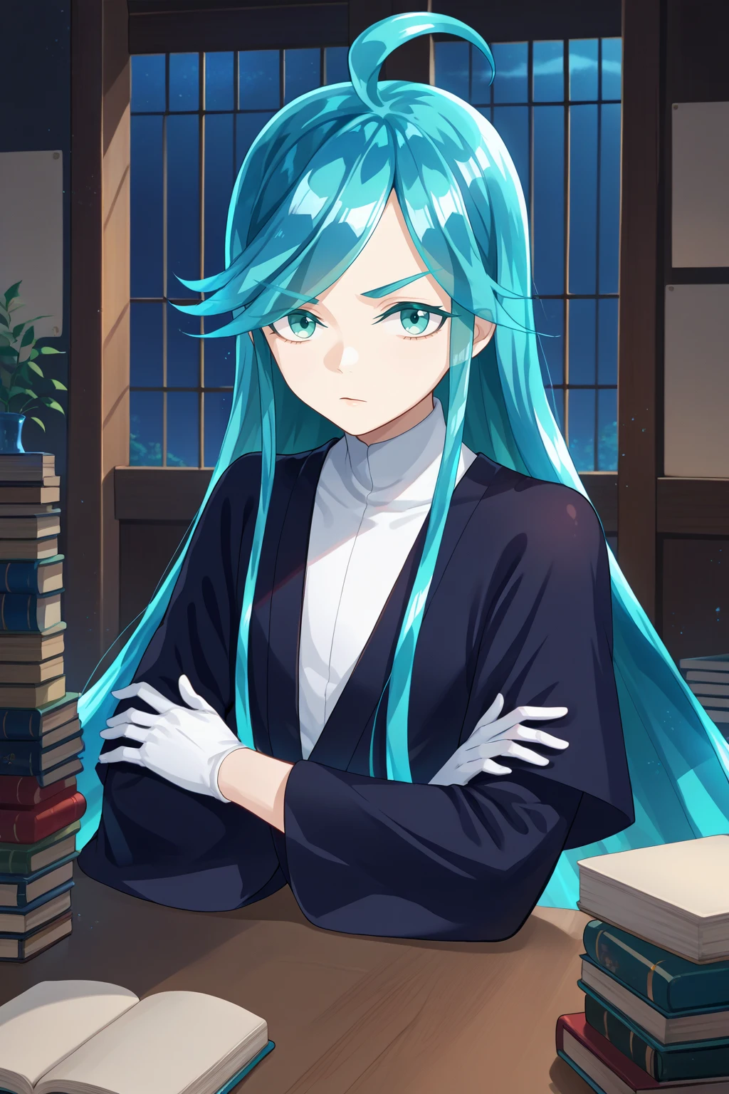 score_9, score_7_up, source_anime, looking at viewer, alxdrt, ahoge, aqua eyes, aqua hair, long hair, crystal hair, white skin, black kimono, wide sleeves, kesa, white gloves, crossed arms, indoors, book, table, night, <lora:Hoseki_HousekiNoKuni_Alexandrite_PDXL_v1:1>