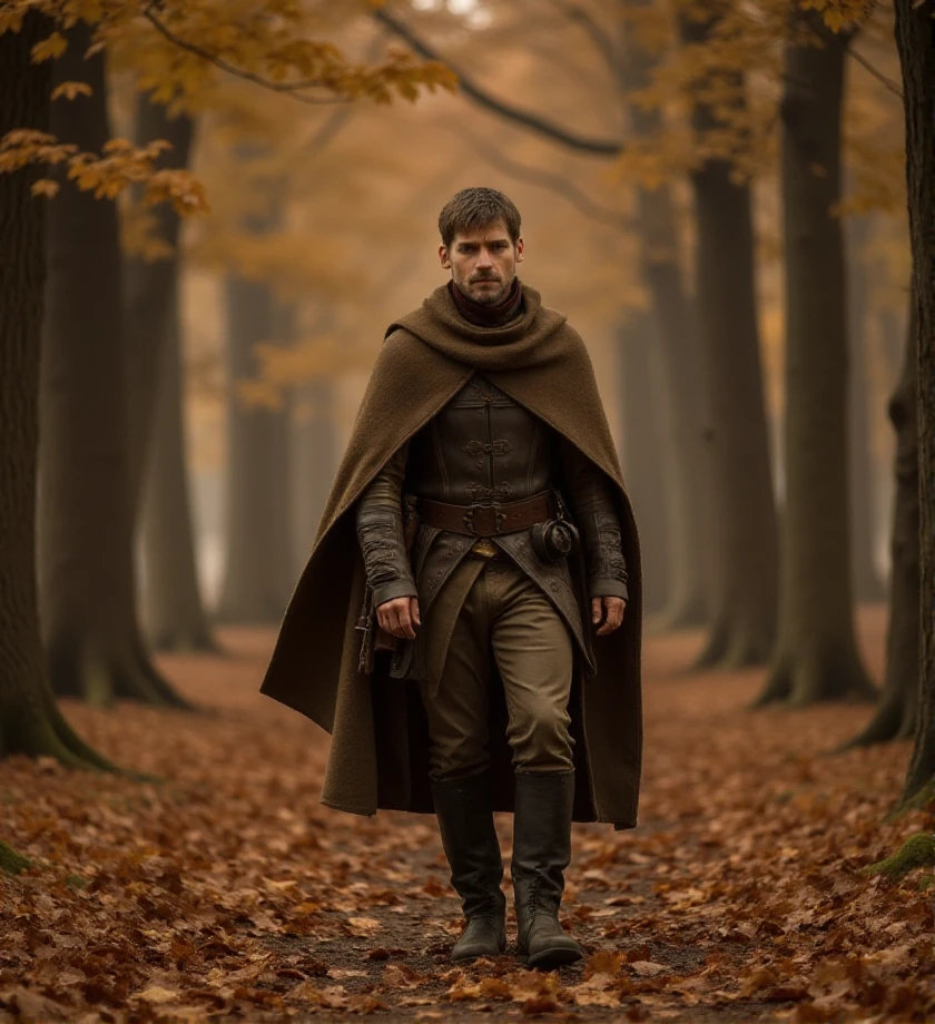 bokeh,  outdoor,  <lora:jaime-lannister-flux-j3mil4:1>game of thrones style,  j3mil4 in casual travel clothes, a brown woolen cloak, and worn-out boots, walking through a dense autumn forest, with orange and golden leaves falling all around