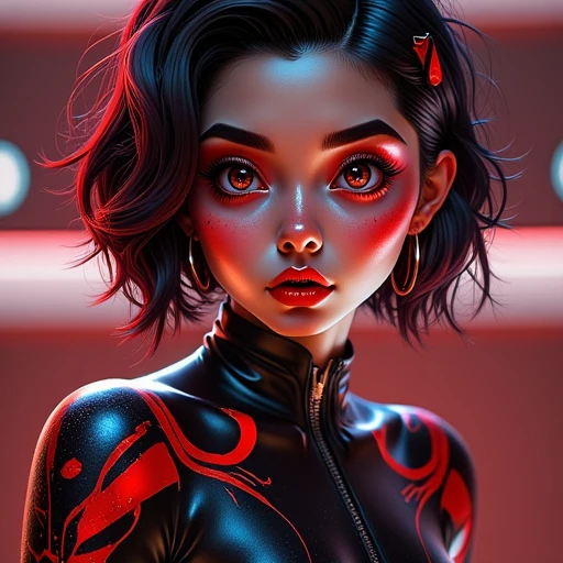 this is a highly detailed, digital illustration of a young woman with a stylized, anime-inspired aesthetic. she has a porcelain skin tone and striking, almond-shaped eyes with a piercing gaze, enhanced by dramatic, winged eyeliner and voluminous lashes. her lips are painted a bold red, matching the red accents on her outfit. she has a small, delicate nose and a slightly upturned mouth. her hair is a dark, glossy black, styled in a short, wavy bob with two red hair clips on either side, adding a pop of color.  she is dressed in a sleek, black, high-tech bodysuit with a high neckline and a zipper down the front, which accentuates her low-set, large cleavage, indicating a large breast size. the suit has a glossy, almost wet texture, suggesting a futuristic or high-tech material. the bodysuit features red accents and lines, adding to the futuristic aesthetic., lady-marinette, (BmX-style), hreal