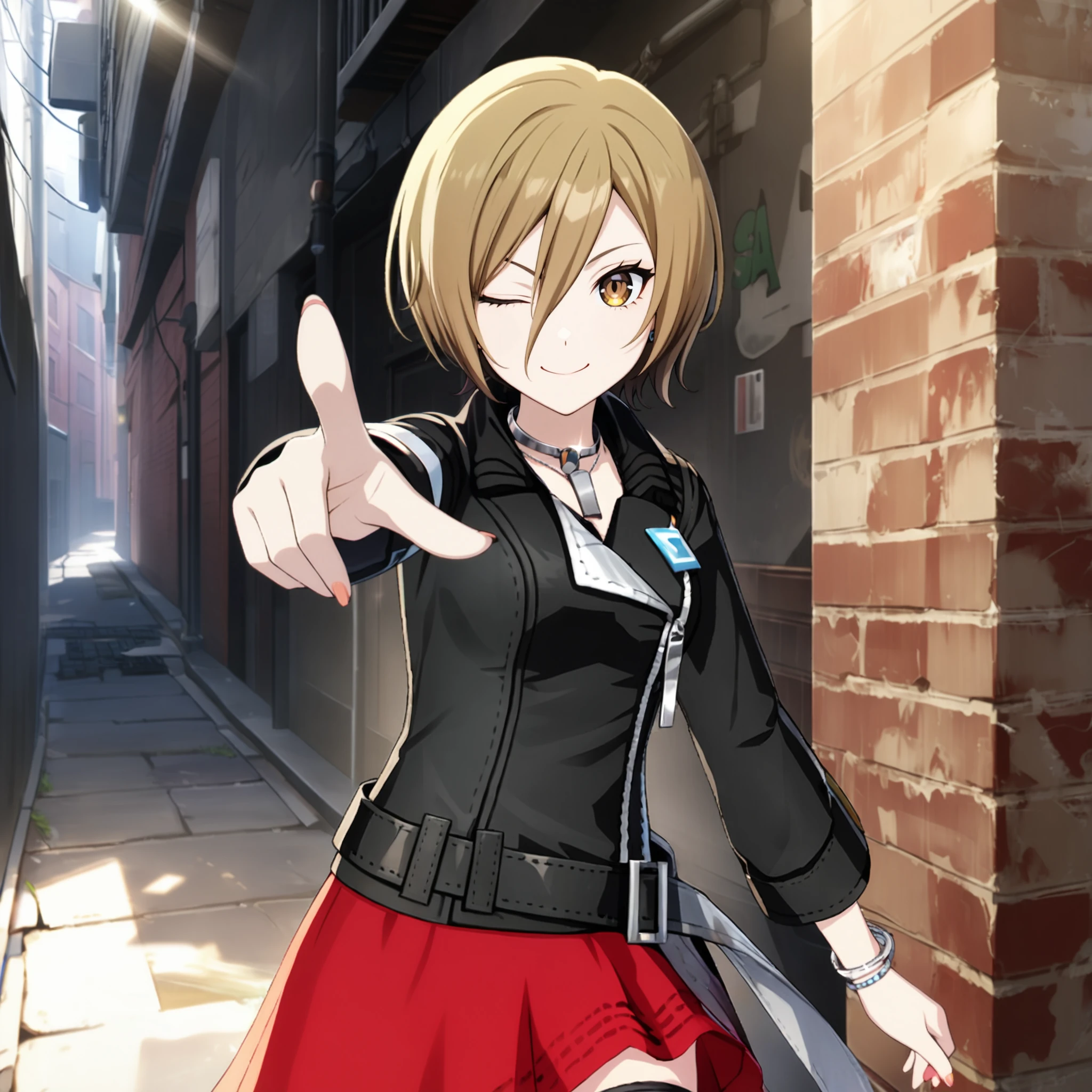 1girl, meiko \(vocaloid\), vocaloid, masterpiece, very aesthetic, absurdres, official art,
brandnew meiko, solo, brown shot hair, brown eyes, smiling, closed mouth,
(looking at viewer:1.4), singing a song with microphone, pointing at viewer, one eye closed, BREAK
black thighhighs, red skirt, jewelry, black coat, zipper, belt, necklace, bracelet, black jacket, zettai ryouiki, 
alley, day, brick wall, graffiti on wall, light rays, sun light, 
 <lora:sdxl-vs-BNMeiko05:0.9:lbw=0,0,0.2,0.2,0,0.4,0.4,0,0.8,0.8,0,0,0,0.8,0.8,0.6,0.8,0.0,0.0,0.0,0,0,0,0,0,0>