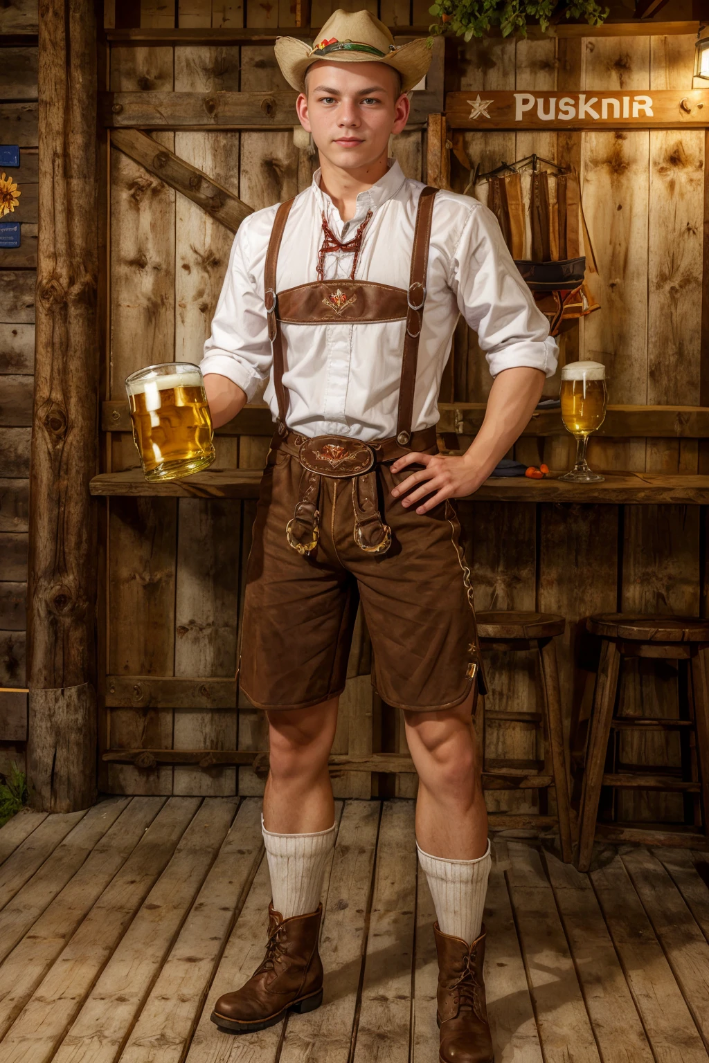 Octoberfest festival, BorekSokol dressed in folk Czech men's clothing, l3denh0sen, suspenders, shorts, hat, Slovak shirt, boots, holding beer, ((full body portrait)), wide angle  <lora:BorekSokol:0.80> <lora:Clothing - Sexy Ledenhosen:0.6>