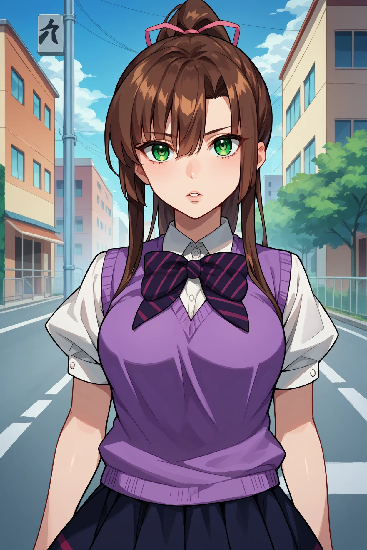 score_9, score_8_up, score_7_up, score_6_up, source_anime, 1girl, solo, <lora:kirasakasayaka-pdxl-nvwls-v1-000005:1> stbsk, brown hair, green eyes, ponytail, hair ribbon, black bowtie, striped bowtie, white shirt, purple sweater vest, short sleeves, pleated skirt, black skirt, black thighhighs, breasts, looking at you, parted lips, upper body, portrait, city, blue sky, road, thighs