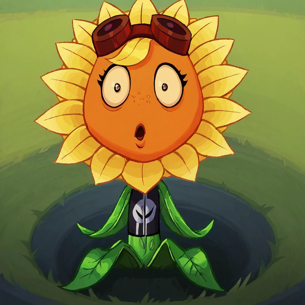 score_9, score_8_up, score_7_up, BREAK, 1girl, solo, sunflower, flower girl, flora fauna, red goggles, leaf arms, leaf legs, yellow petals, orange face, freckles, green body, goggles, flower, goggles on head, looking at viewer, shocked, surprised, wide-eyed, open mouth, :o, grass, outdoors