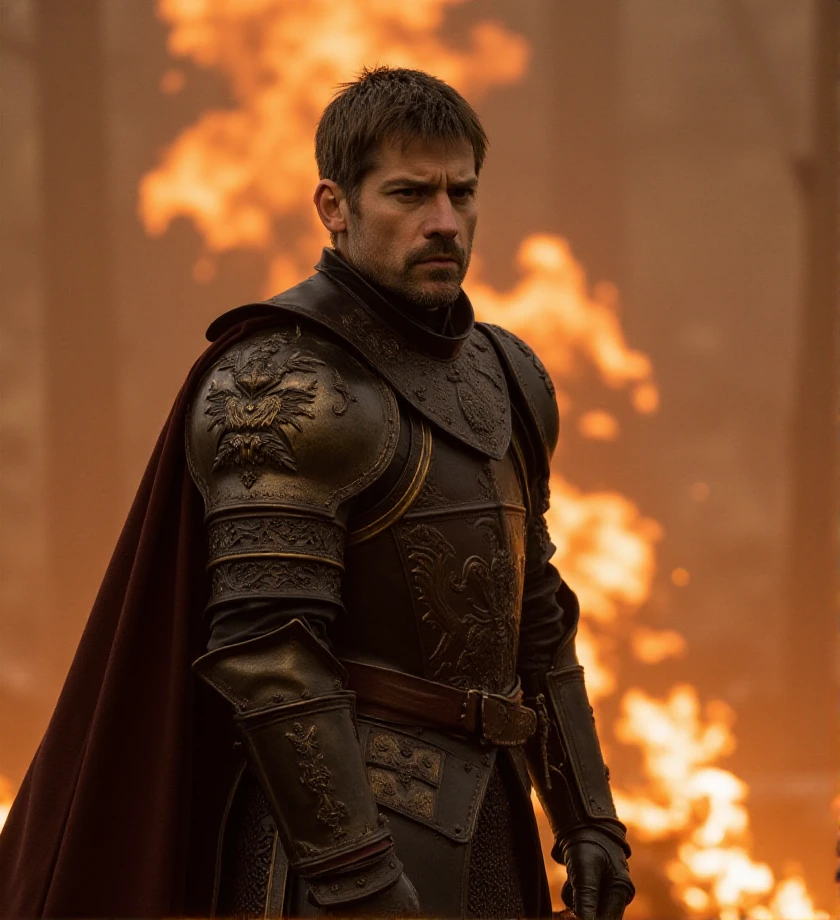 bokeh,   outdoor, standing <lora:jaime-lannister-flux-j3mil4:1> j3mil4, knight armor, battle, fire