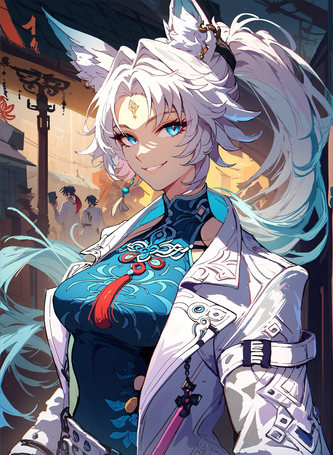 score_9, score_8_up, score_7_up, score_6_up, rating_save,
<lora:feixiao:1>,feixiao, animal ears, animal ear fluff, white hair,two-tone hair, forehead mark, ponytail, blue eyes, medium breasts, smile, white coat, street background,
<lora:Concept Art Ultimatum Style LoRA_Pony XL v6:0.7> ,concept art, digital art,