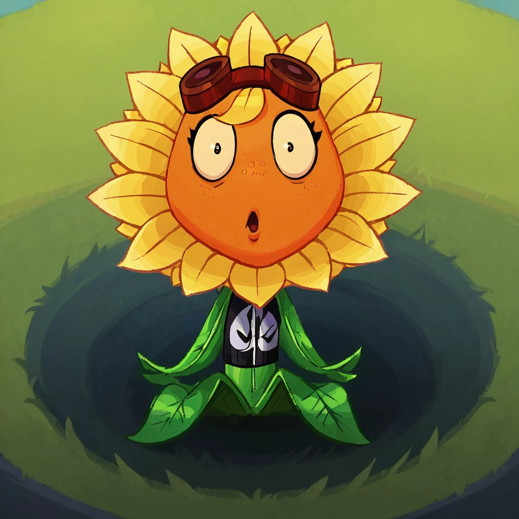 score_9, score_8_up, score_7_up, BREAK, 1girl, solo, sunflower, flower girl, flora fauna, red goggles, leaf arms, leaf legs, yellow petals, orange face, freckles, green body, goggles, flower, goggles on head, looking at viewer, shocked, surprised, wide-eyed, open mouth, :o, grass, outdoors