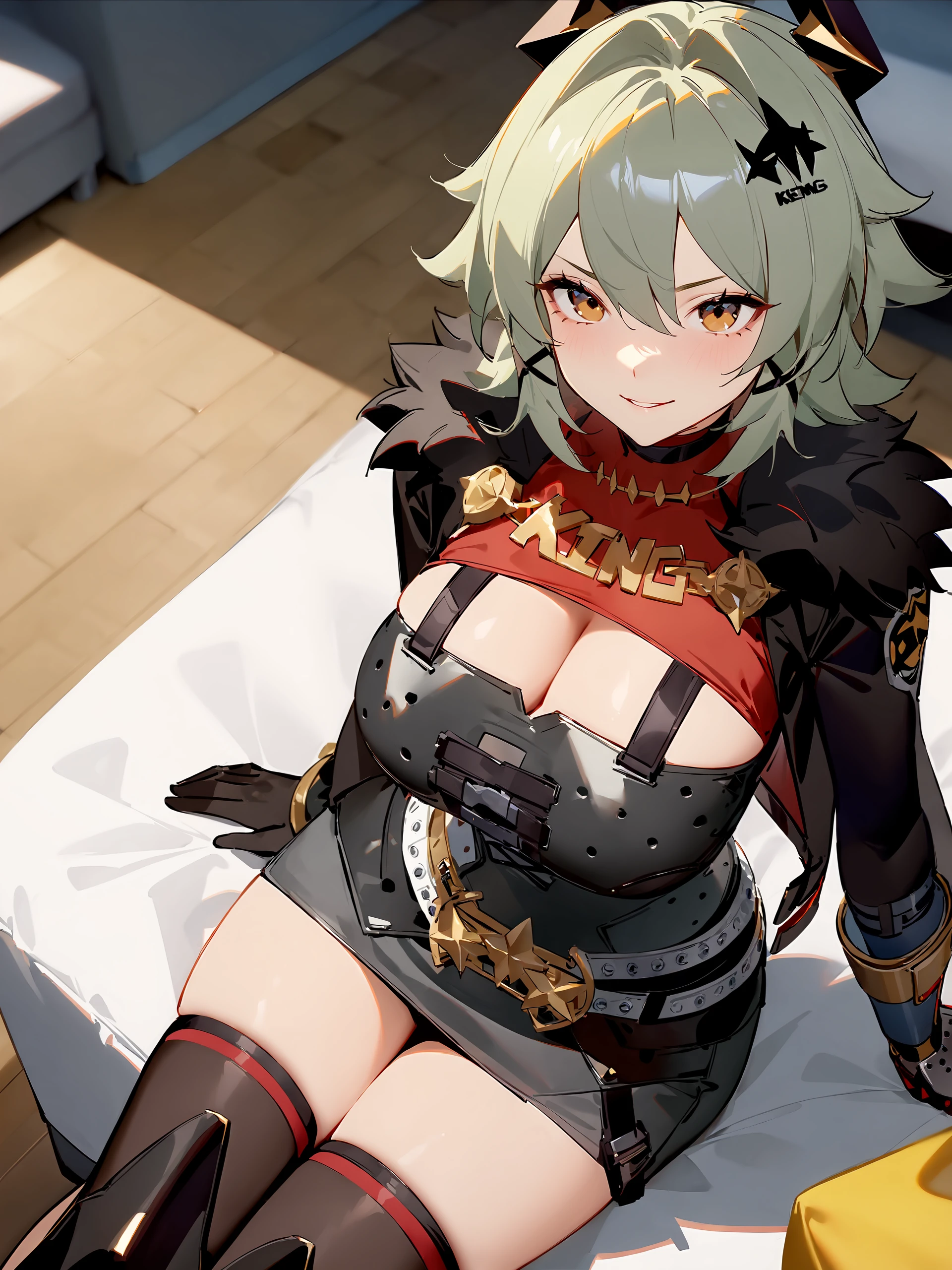 1girl, caesar king \(zenless zone zero\), horns, x hair ornament, hairclip, turtleneck sweater, mechanical arms, pencil dress, fur-trimmed jacket, arm out of sleevesingle sock, sitting, bedroom, leaning forward, from above, looking at viewer, smirk <lora:Char-ZZZ-Caesar-XL-V1:0.9>, masterpiece, best quality, very aesthetic, ray tracing, newest,(hitenkei, askzy:0.5)