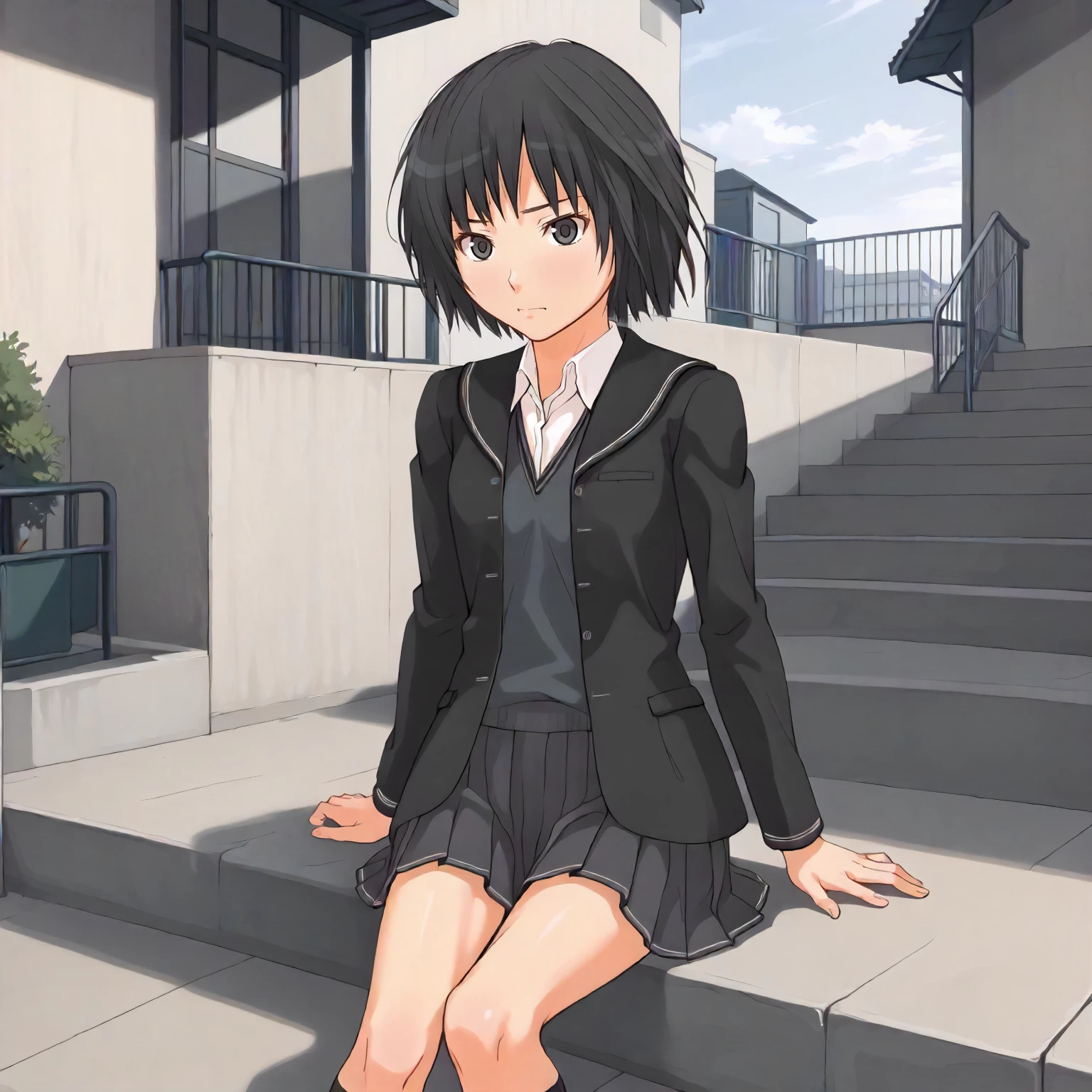 <lora:AG_AiNanasakiXLpony001>,
outdoors,
solo,
AiNanasaki,1girl,black hair,short hair,black eyes,
school_uniform,black jacket,open jacket,
pleated_skirt,
sitting,