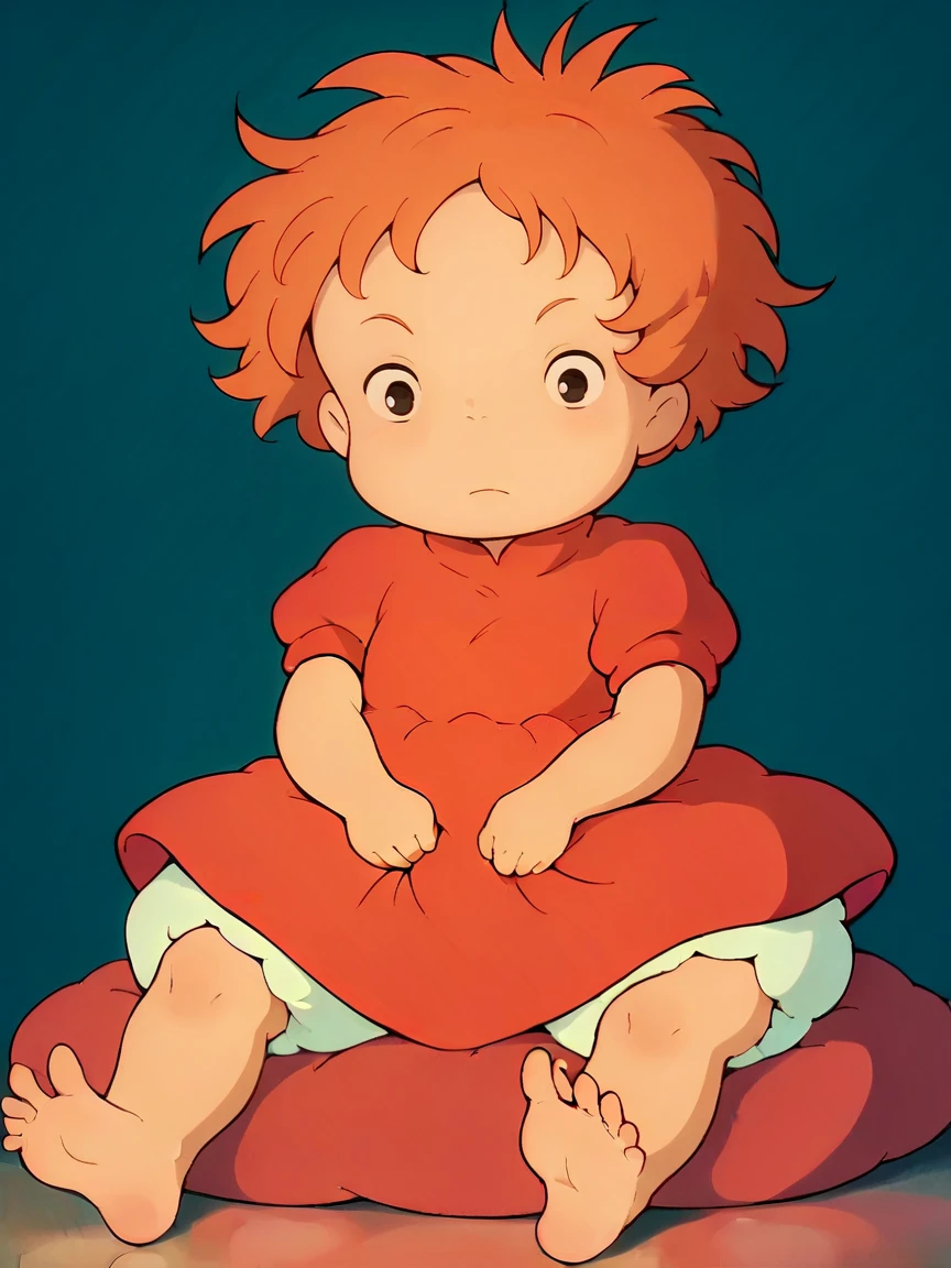 score_9, score_8_up, score_7_up, score_6_up, score_5_up,  <lora:PonyoXLP:1> ponyo, 1girl, short hair, dress, solo, barefoot, orange hair, black eyes, child, red dress, bloomers, sitting, blue background