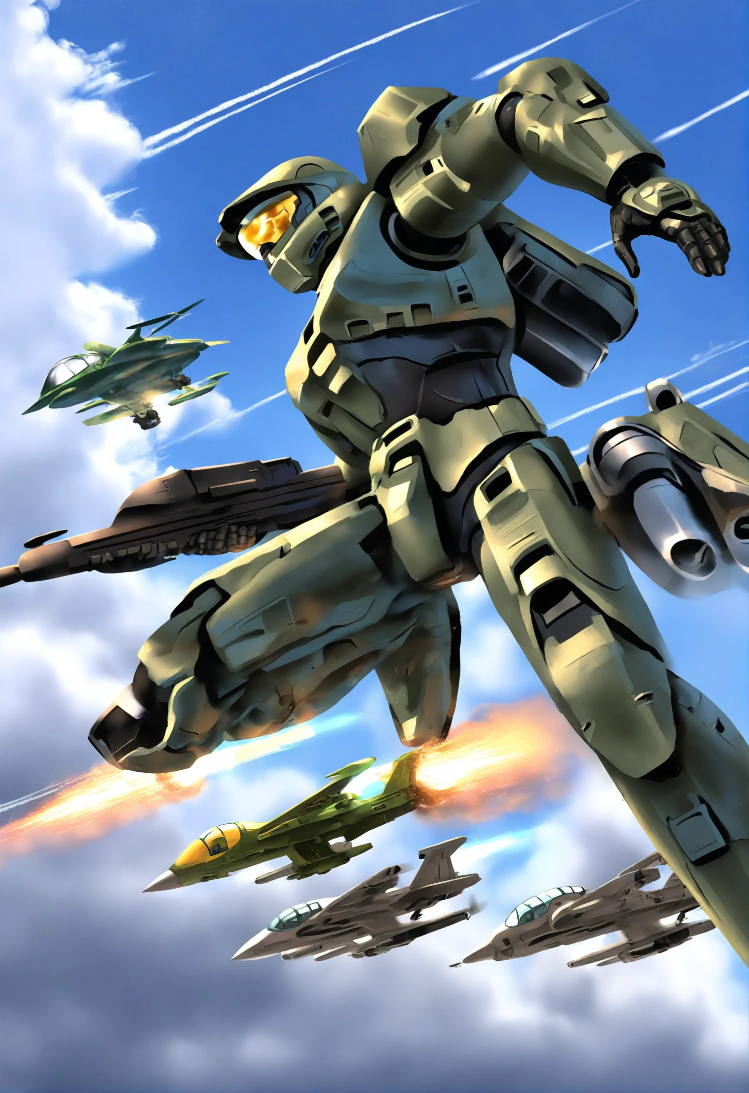 wlop, 
realistic, mecha focus, gerwalk, aircraft, contrail, when you see it, energy cannon, u.n. spacy, mecha, missile pod, helmet, 1980s \(style\), airplane, weapon, roundel, armor, jetpack, military vehicle, machinery, pilot suit, canopy \(aircraft\), thrusters, no humans, retro artstyle, flying, science fiction, cloud, battle, gunpod, robot, energy gun, cloudy sky, fighter jet, variable fighter, military,
An illustration of Master Chief from the Halo video game series. He is wearing his iconic green and black suit with red accents. Master Chief is shown in a dynamic pose, holding his signature weapon, the M1986. The background features two helicopters flying in formation against a cloudy sky.
masterpiece, best quality
 <lora:Master_Chief_IllustriousXL-000050:1>