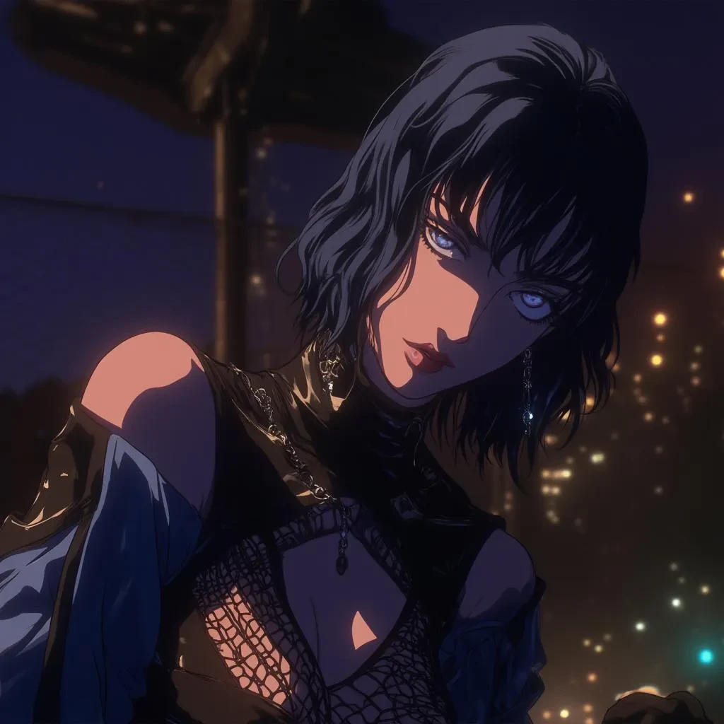 A woman with black, short hair and blue eyes stands outdoors at night, looking down at the viewer. She wears a blue off-shoulder jacket with fishnets, showing off her midriff and navel piercing. With a calm expression and piercing eyes, her look is bold and edgy.