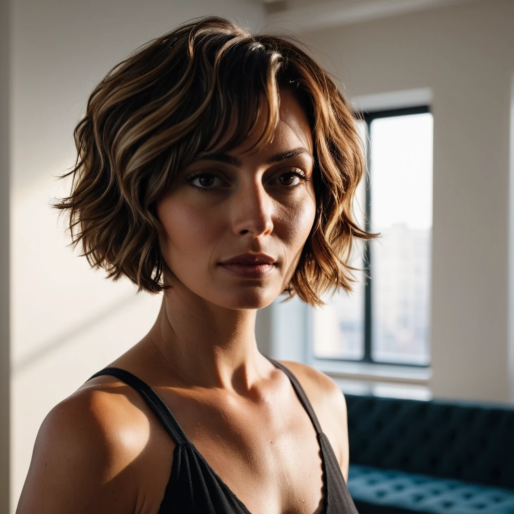 a realistic upper body photo of a woman standing with wavy short layered bob hairstyle, shot in epic cinematic lighting inside apartment with Canon camera quality, <lora:Short_Layered_Bob_Hairstyle:0.7>