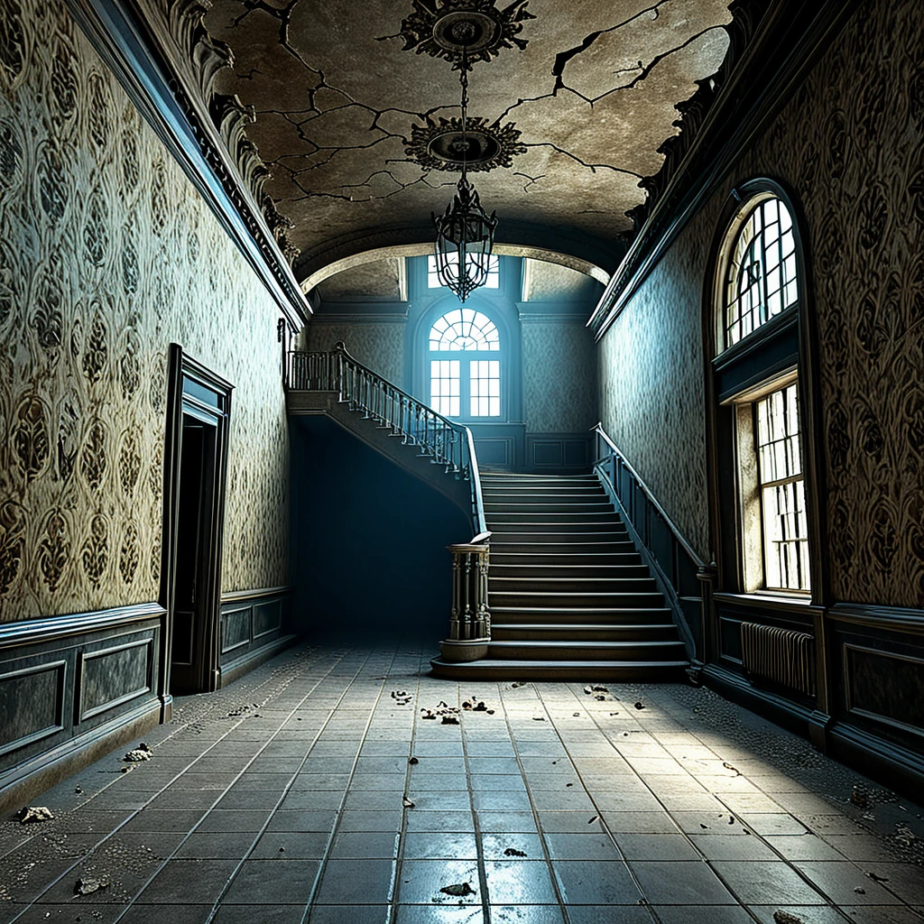 <lora:Doctor_Pollutions_Paranormal_Asylum_DX_-_DreamShaper_r2:1>,docpollparan, entrance hall, asylum, abandoned, staircase, unreal engine, 4k, masterpiece, trending on artstation