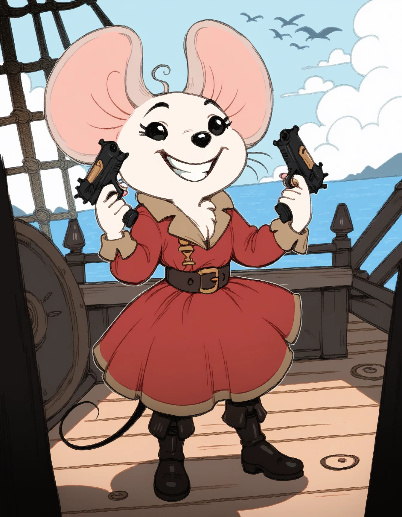 score_9, score_8_up, score_7_up, score_6_up, score_5_up, score_4_up, solo
gorgonzola_crew_mouse, red dress, black dots, gold neck, white fur, black arms, long sleeves, handgun, holding gun, holding weapon, dual wielding, finger on trigger, smile, grin, outside, pirate ship
<lora:DanielRadcliffeHoldingTwoGunsMeme_pdxl_Incrs_v1:1>
 <lora:gorgonzola_crew_mouse_XL:0.9>