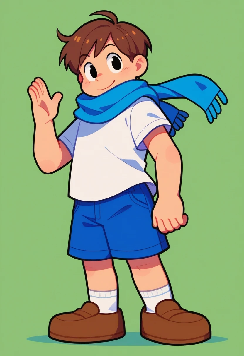 metildo, solo, short hair, shirt, brown hair, 1boy, standing, white shirt, full body, male focus, short sleeves, shorts, shoes, socks, black eyes, white socks, brown footwear, blue shorts, blue scarf