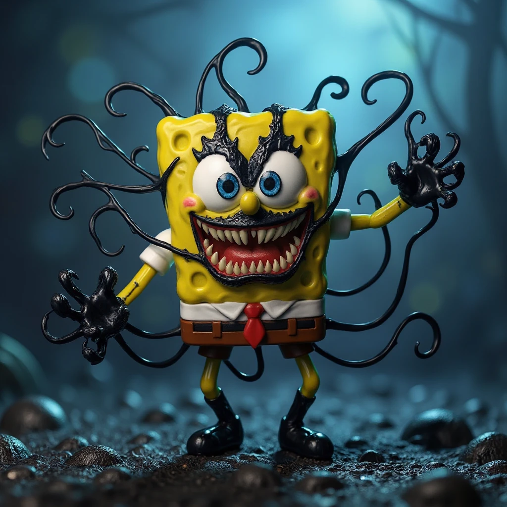 V3n0m1z3d Spongebob being converted into Venom, a symbiote with a menacing appearance, in a dynamic, action-packed pose


high resolution, 4k, photography