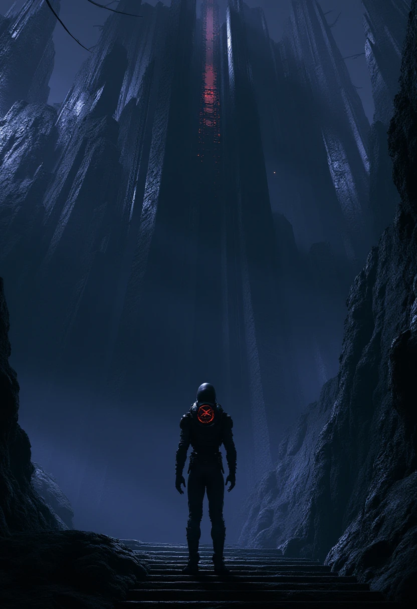 Alien monolith with red organic lights a person in a spacesuit below. R3tun4L style