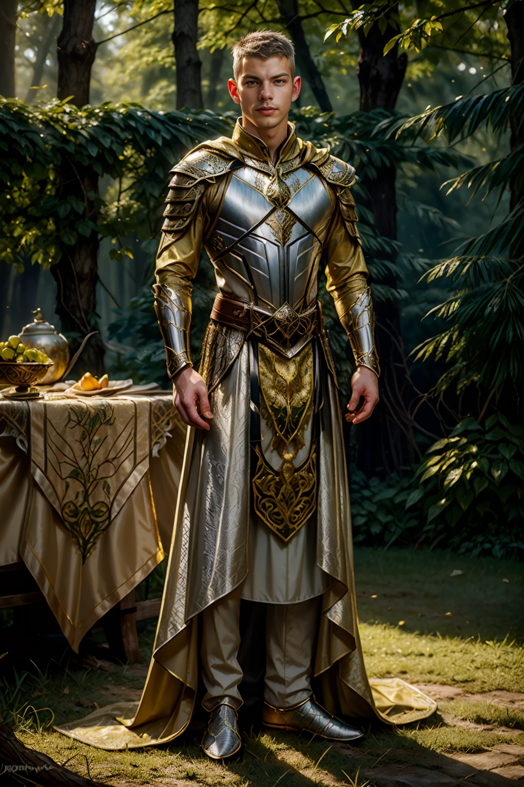 (full body), male focus, photo of BorekSokol, realism, forest background, dynamic pose, wearing intricate (canary yellow and silver) armor, breastplate, belt, embroidered cloak, elar, <lora:BorekSokol:0.80>  , heroic posing, relaxed natural expression, elar, <lora:ElvenArmor-10:0.6>, professional light, cinematic lighting, fashion photography, ambient lighting, <lora:add_detail:0.3>