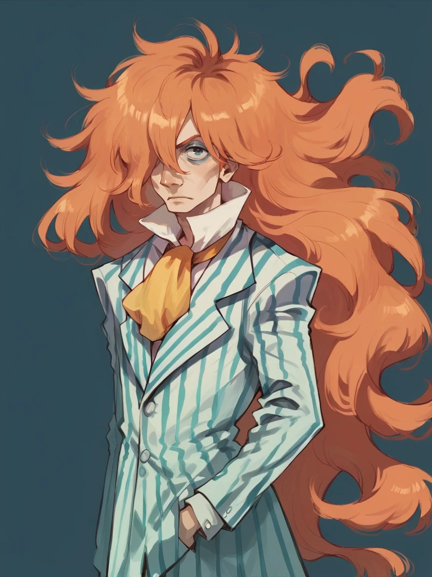 score_9, score_8_up, score_7_up, score_6_up, score_5_up,   <lora:FujimotoXLP:1> fujimoto, 1boy, long hair, solo, orange hair, striped, hair over one eye, blue background,