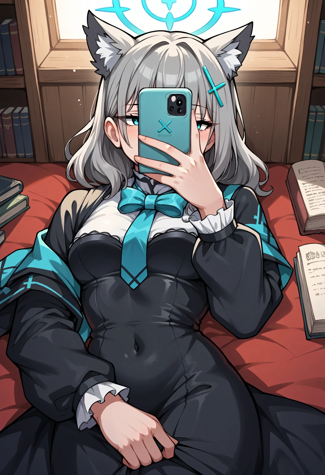 score_9, score_8_up,score_7_up, source_anime, 1girl, solo, kksh, holding phone, selfie,smartphone, looking at phone, covering face, hand up,
shiroko \(blue archive\),  gray hair,
lying, on back, from above
in a magical library, medieval , gothic architecture,  dim lighting,  night, book,
<lora:kksh_pdxl_EliPot:1>