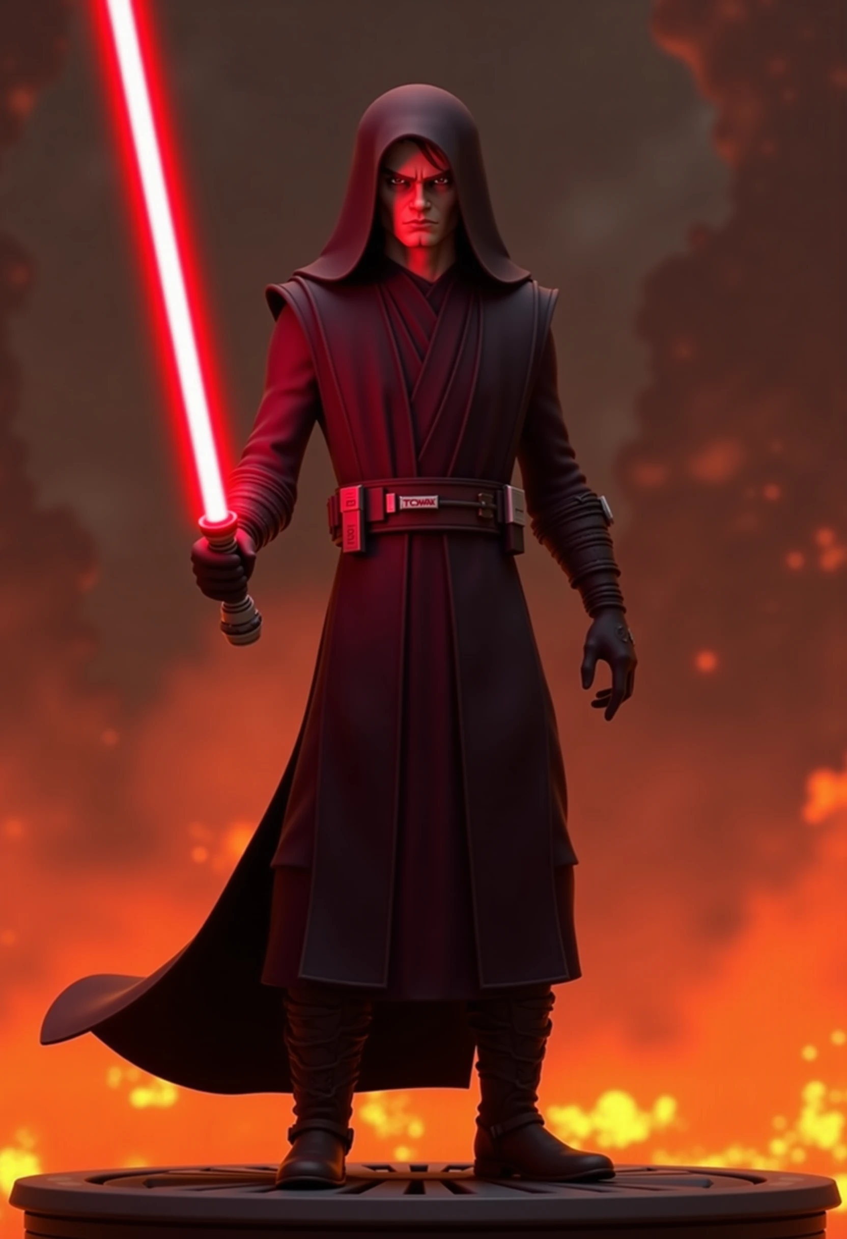 CGI,3D, TCWAK,  Anakin Skywalker, star wars, holding a red lightsaber, hood over his head, red eyes, angry, high quality, lava background, volcano, fire, standing on platform