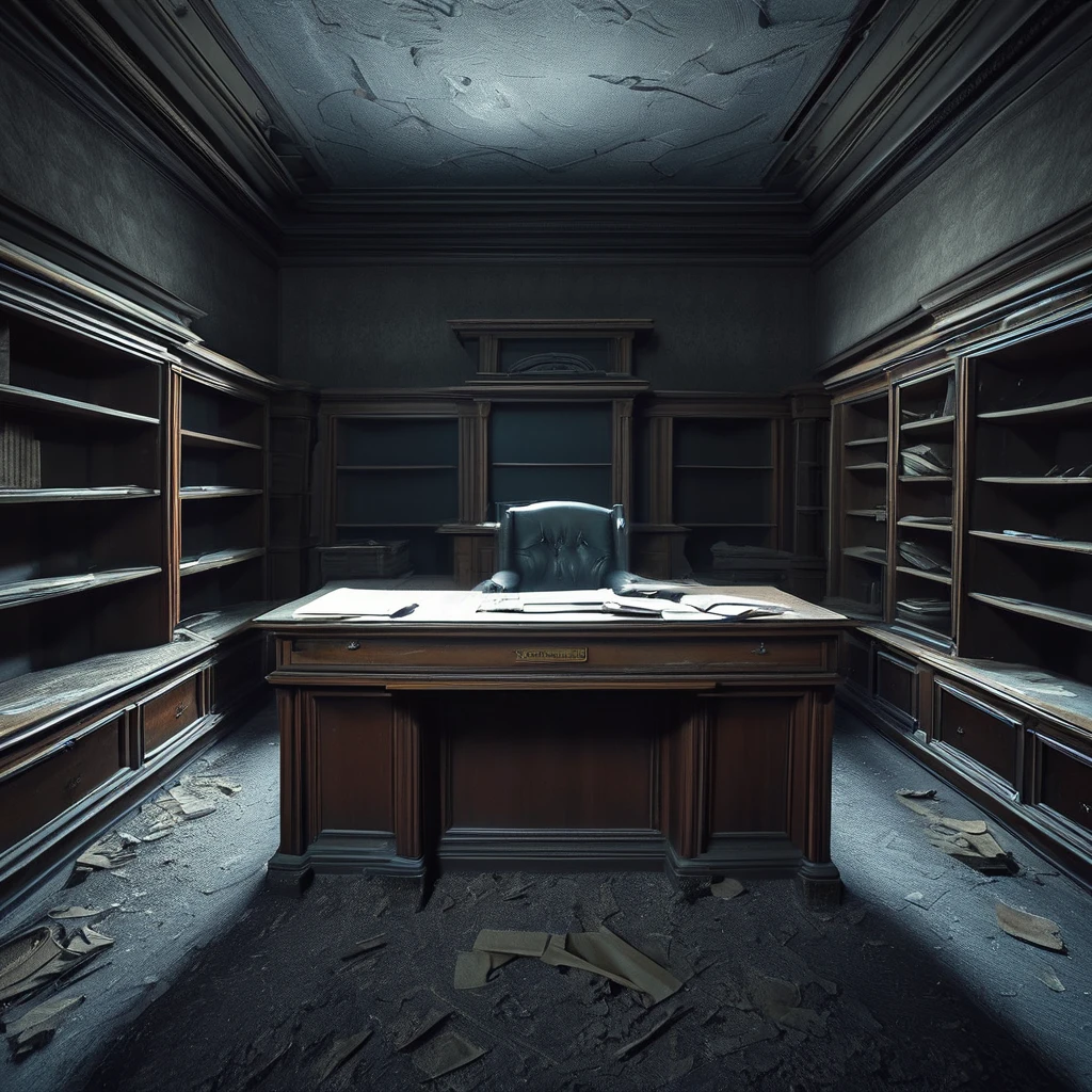 <lora:Doctor_Pollutions_Paranormal_Asylum_DX_-_Realistic_Pony_Photo:1>, docpollparan, office, asylum, abandoned, directorate, bureau, unreal engine, 4k, masterpiece, trending on artstation