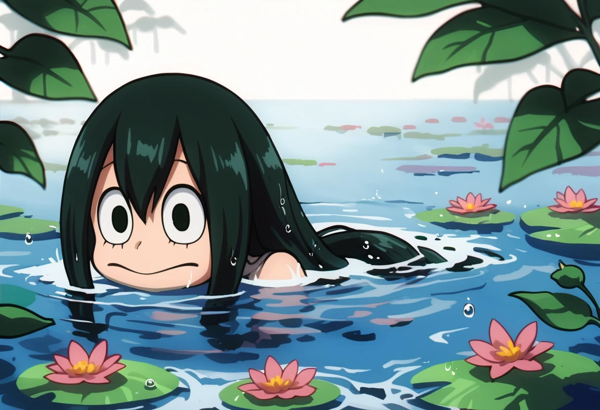 score_9, score_8_up, score_7_up, BREAK, BREAK source_anime,
solo,1girl,face focus,water,anime style,wet hair,blue water,observing,calm expression,curious gaze,silent encounter,
head_out_of_water,head sticking out of water,peeking out of water,face above water, 
tsuyu asui, long hair, black hair, black eyes, low-tied long hair, hair rings,
   <lora:head_out_of_water_pony_xl:0.8>   <lora:tsuyu-asui-s3-ponyxl-lora-nochekaiser:0.8>