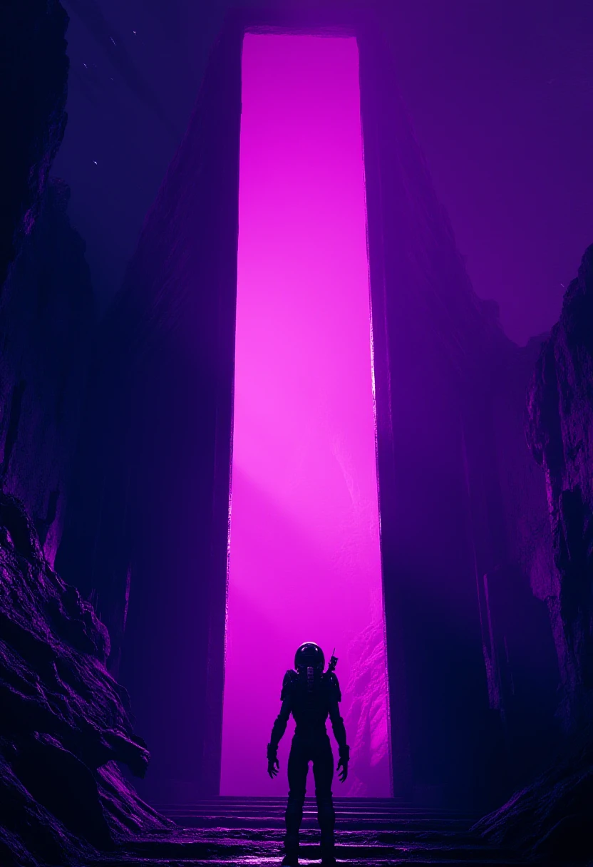 a Alien monolith emitting pink lights, below a person in space suit. R3tun4L style