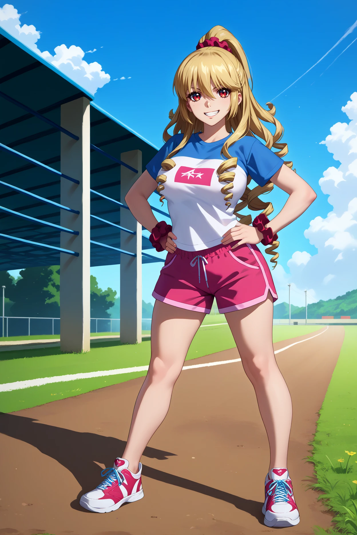 score_9, score_8_up, score_7_up, score_6_up, source_anime, 1girl, solo, <lora:aibaasagi-pdxl-nvwls-v1-000005:1> aibastb, blonde hair, long hair, drill hair, high ponytail, red eyes, hair scrunchie, breasts, blue t-shirt, pink shorts, looking at you, hands on hips, grin, blue sky, field, sneakers, full body, big breasts