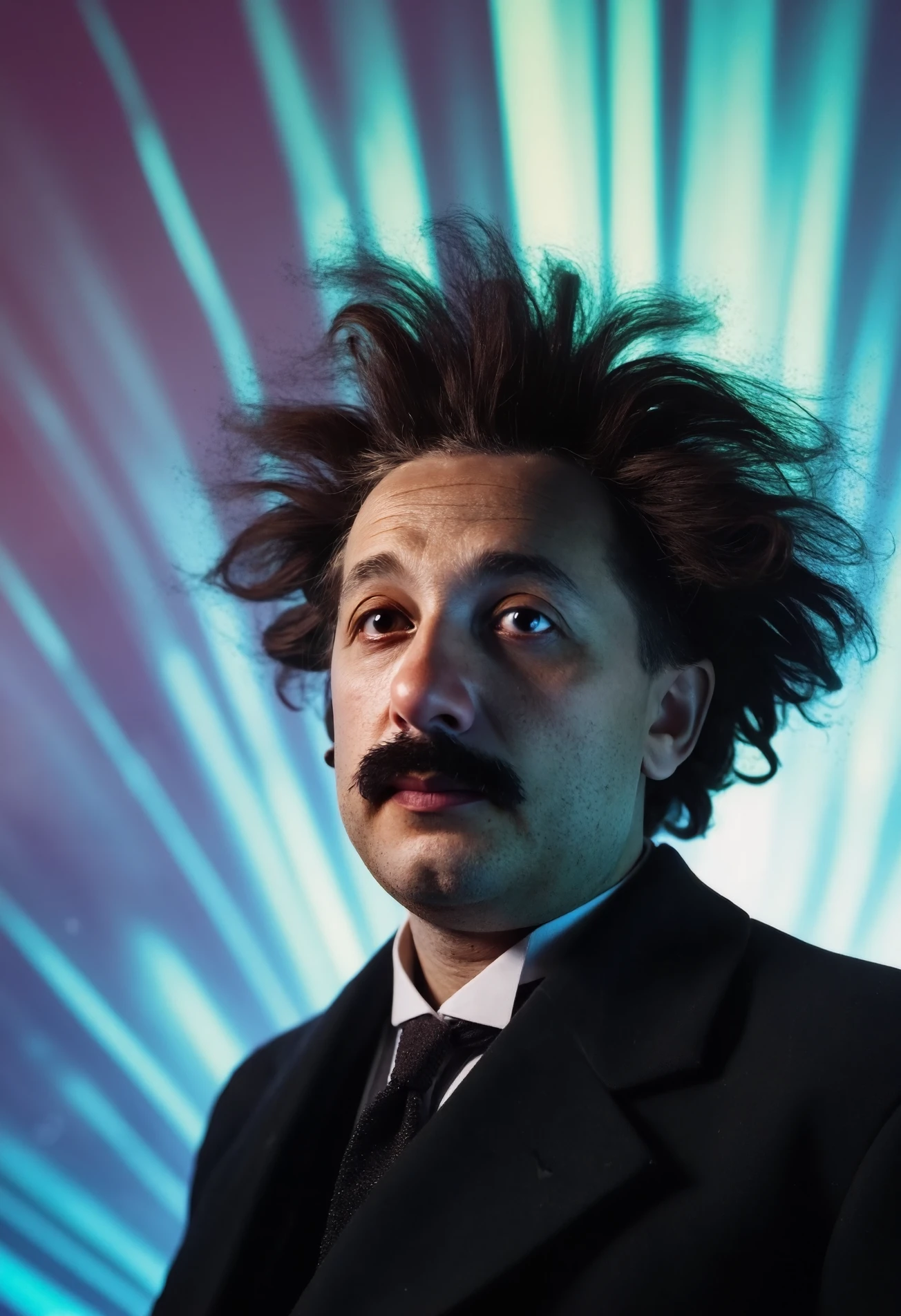 Digital Photo, young man, classical suit, he is flying on a beam of light, speed of light, frozen moment in time, warp speed, cosmos, high shutter speed, EM Waves, Oscillation, colored rays of light all around, dark full curly hair, clean shaven but with a mustache, professional photography, amazing composition and image quality