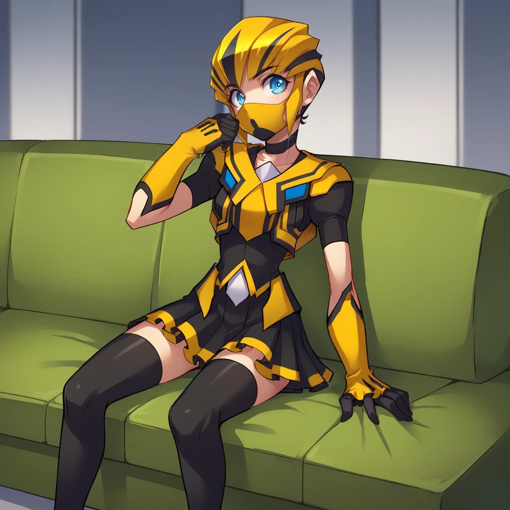 score_9_up, score_8_up, BREAK, Bumblebee, 1girl, solo, blue eyes, yellow headwear, mask, school uniform, skirt, black legwear, gloves, indoors, sitting on couch, <lora:Bumblebee_RYUSEI-R_PXL_Leaf1:0.8>,